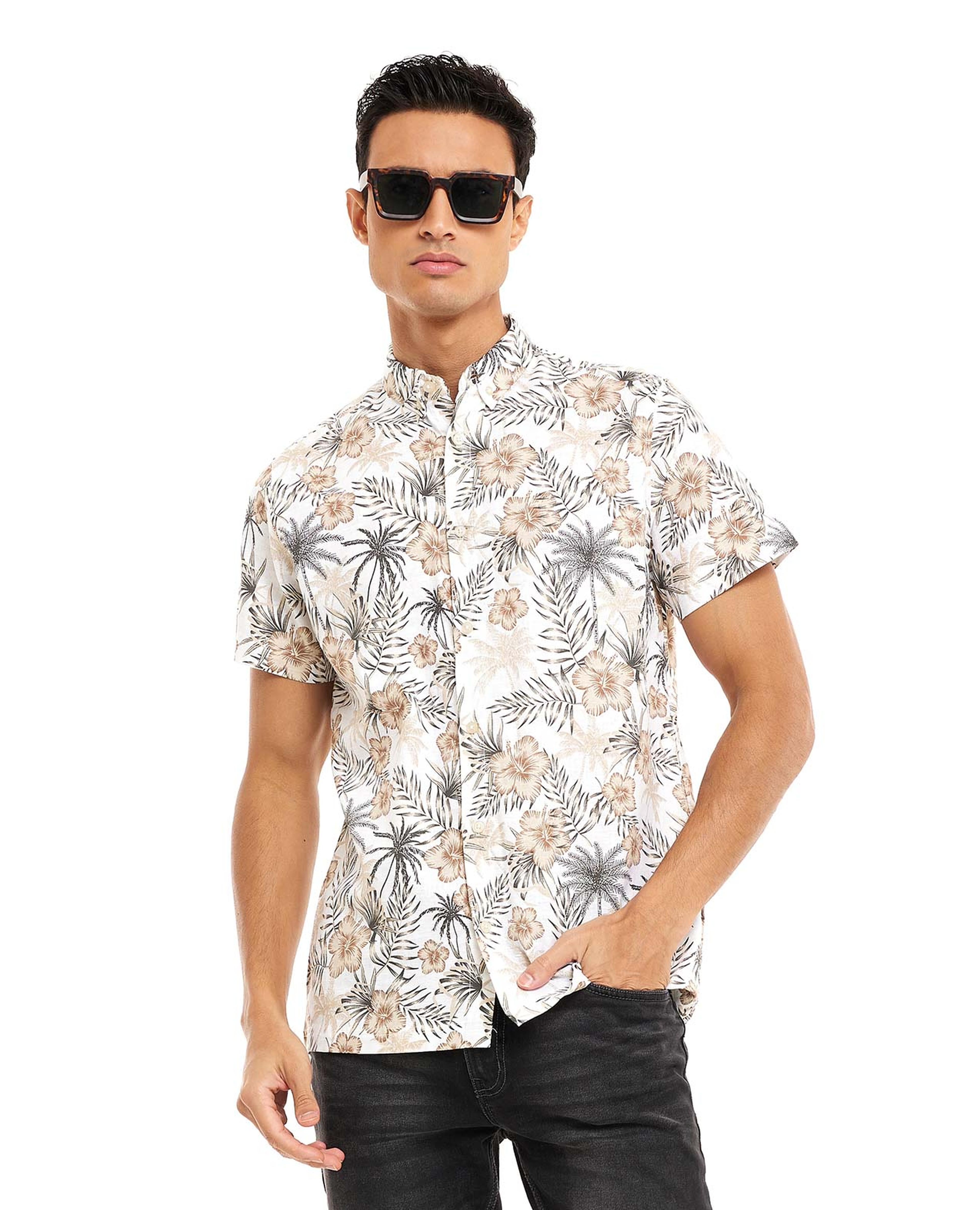 Patterned Shirt with Button-Down Collar and Short Sleeves