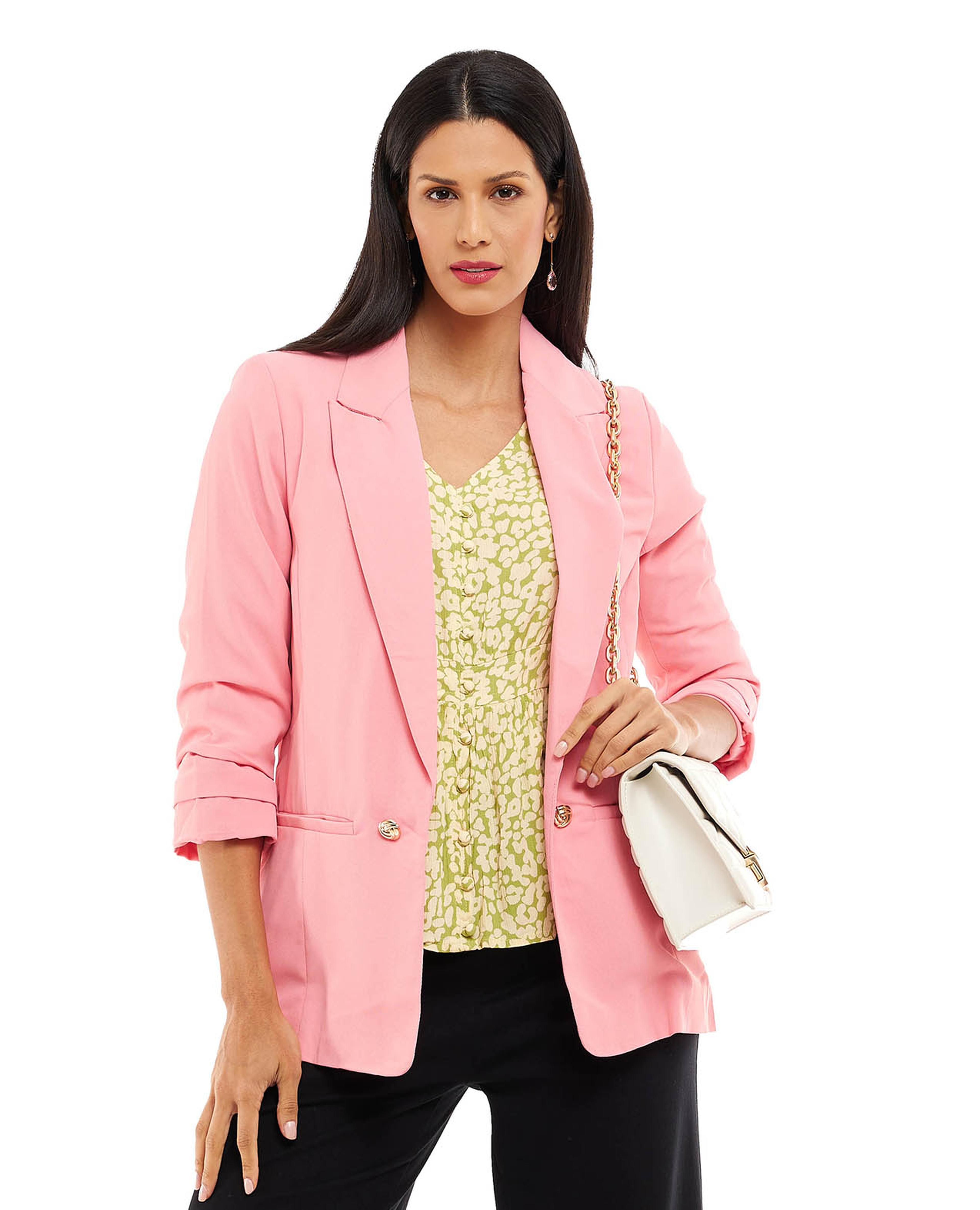 Solid Blazer with Lapel Collar and Long Sleeves