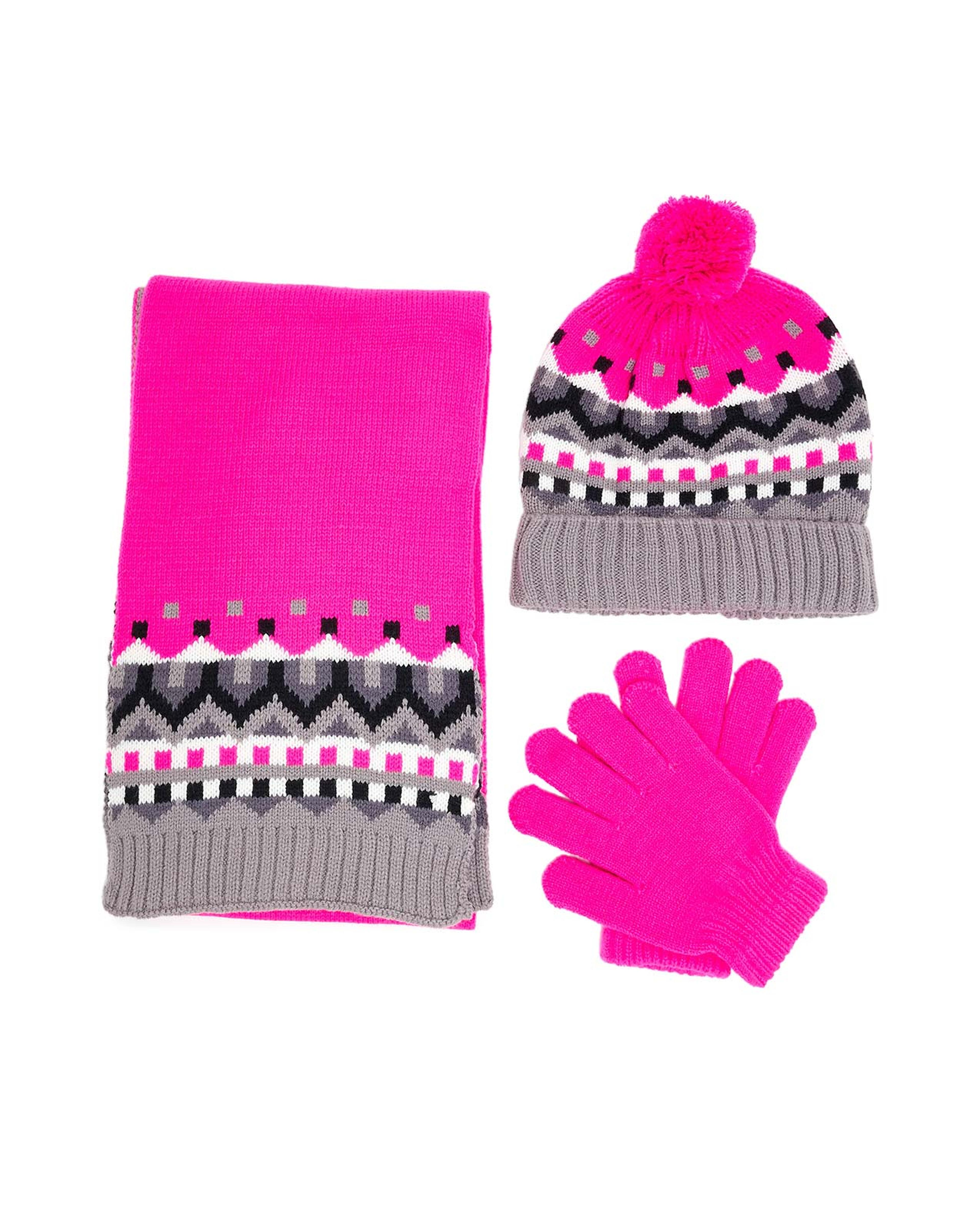 Patterned Knitted Cap, Gloves and Muffler Set