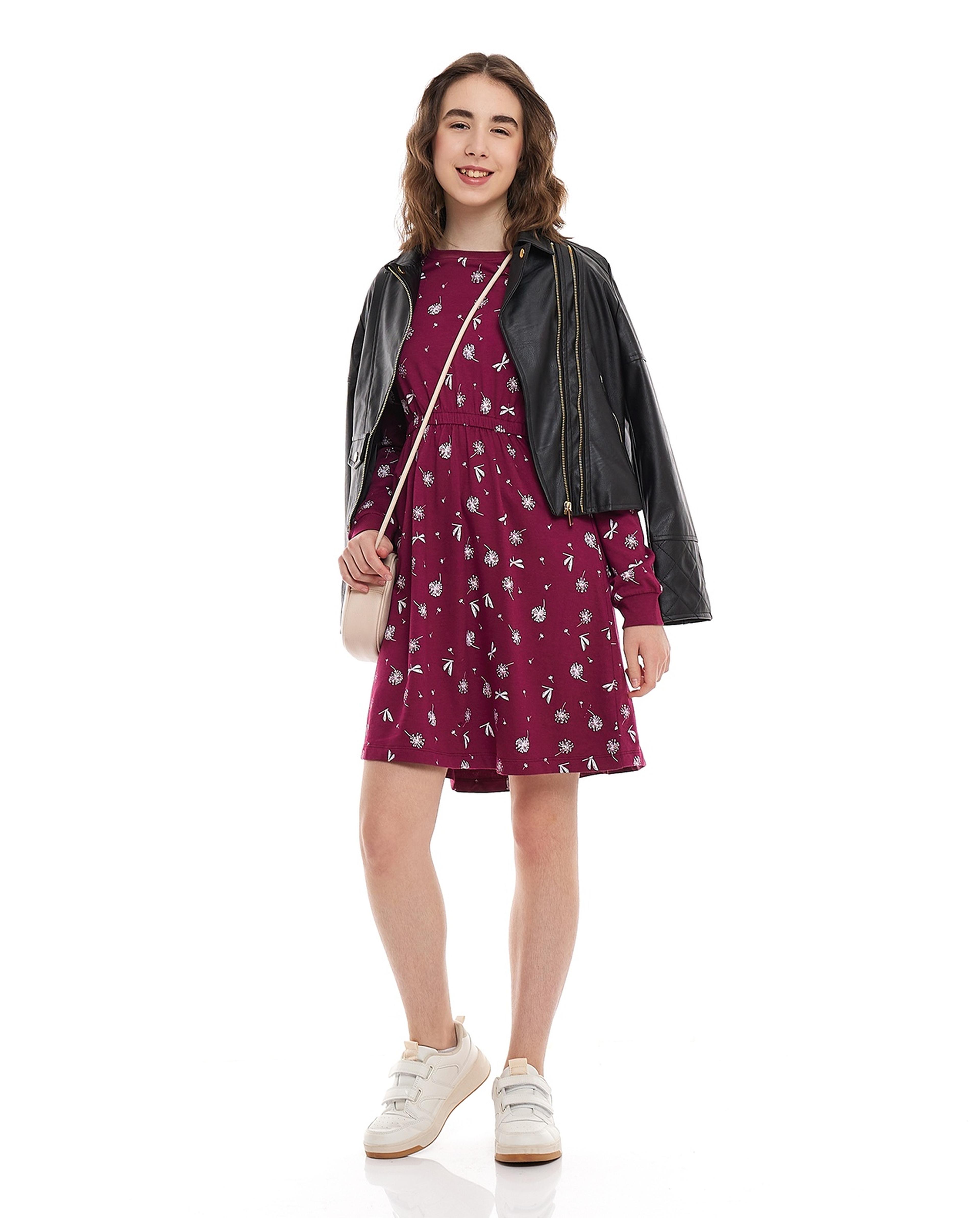 فستان فلير بياقة مستديرة وطبعة