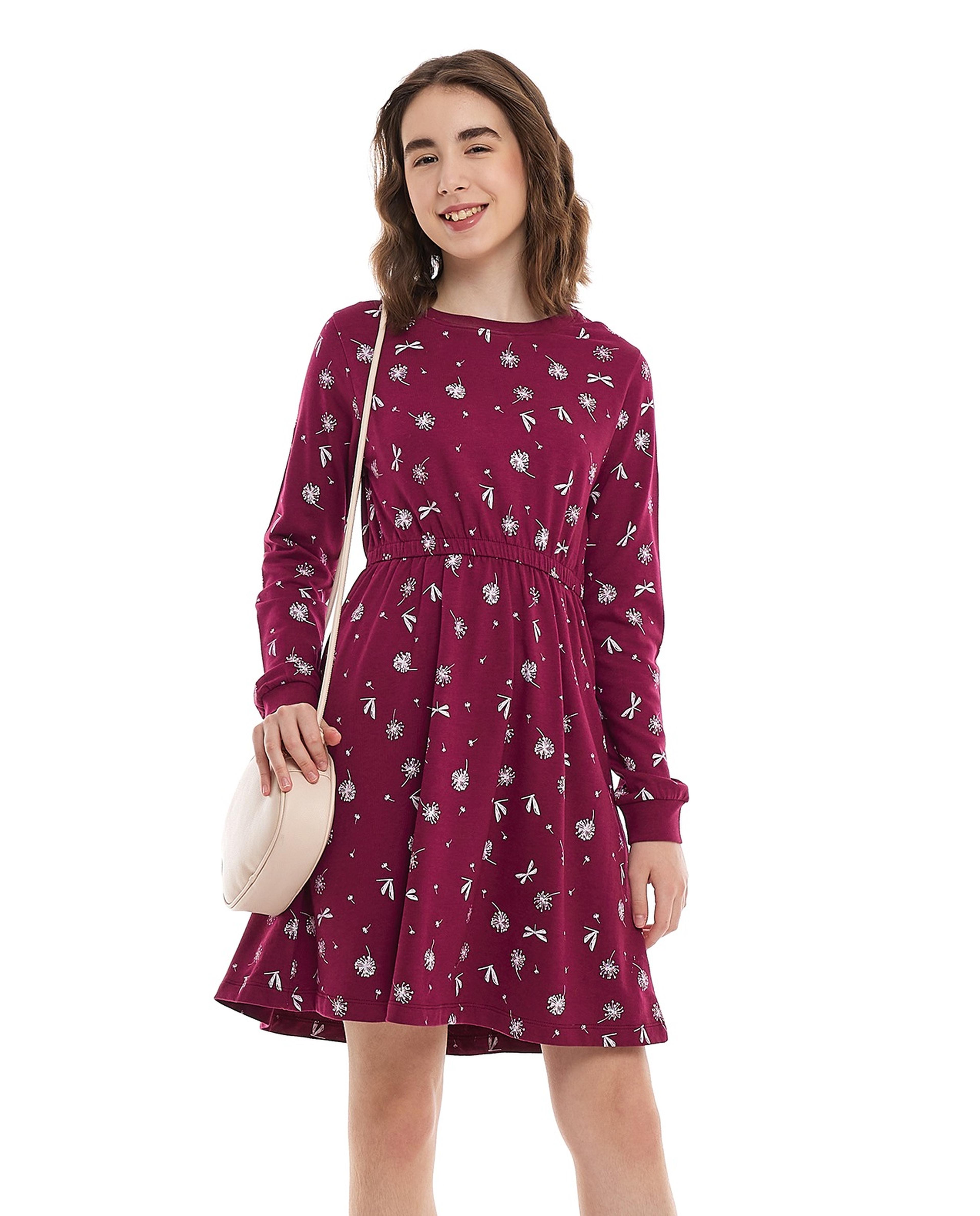 فستان فلير بياقة مستديرة وطبعة