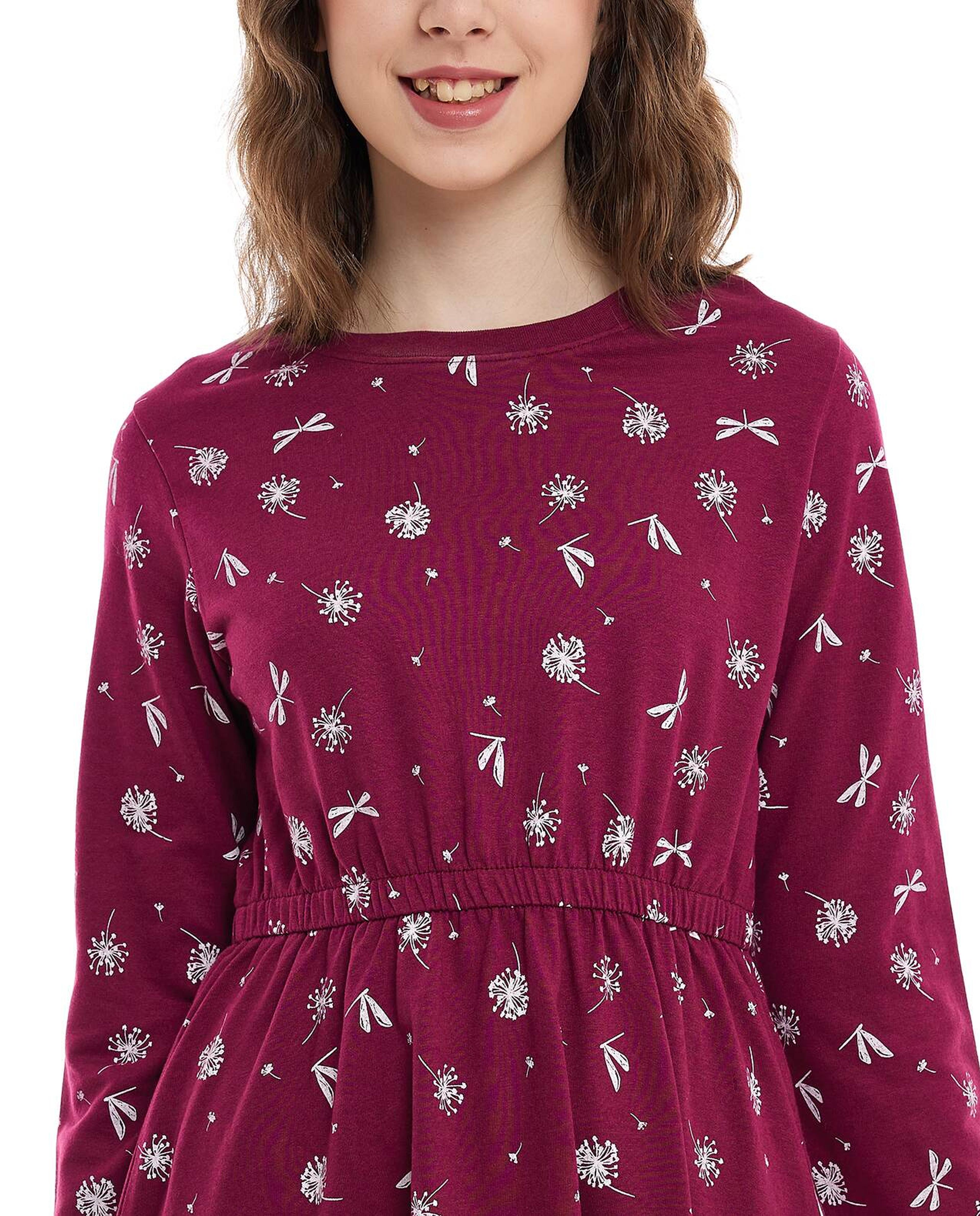 فستان فلير بياقة مستديرة وطبعة