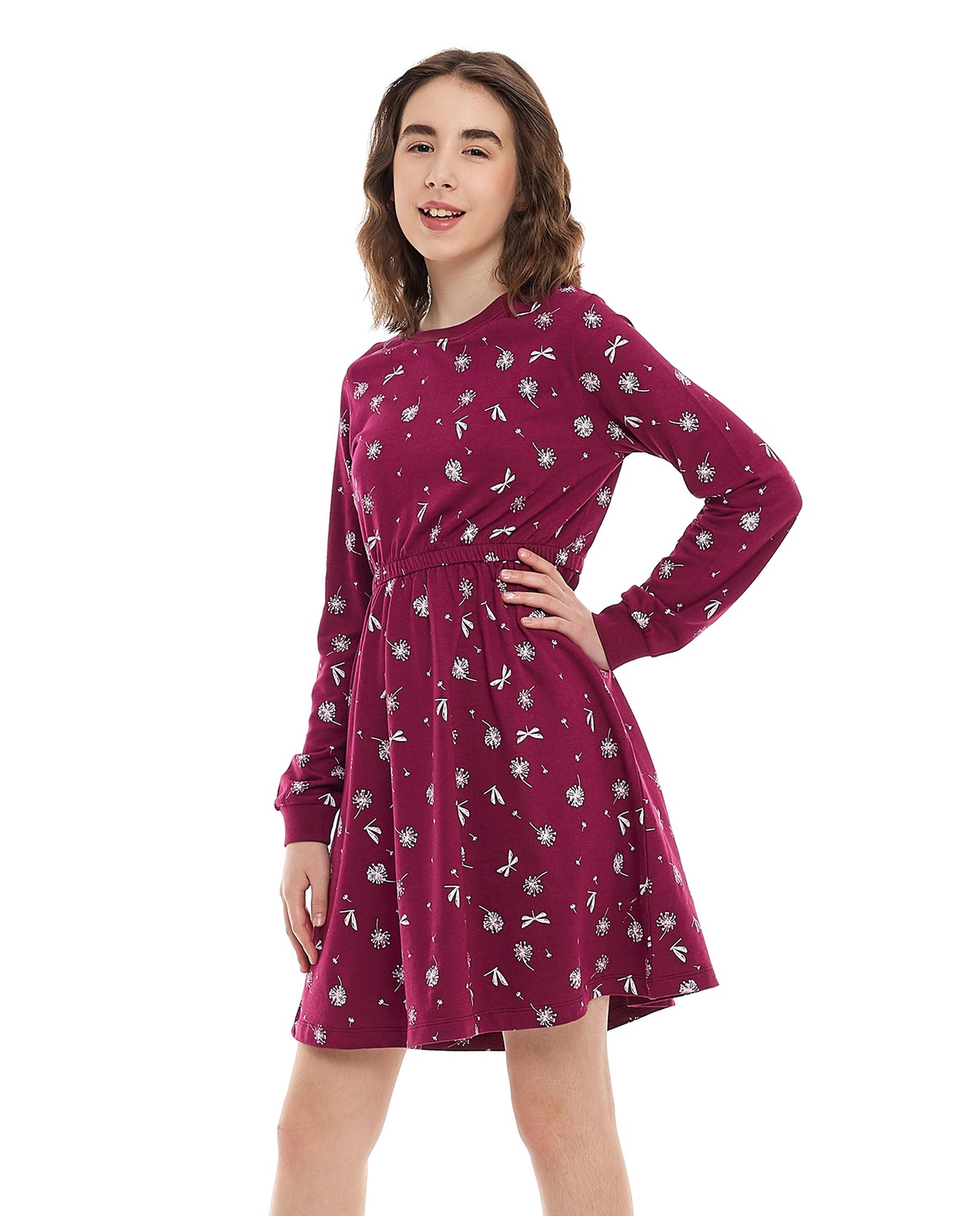 فستان فلير بياقة مستديرة وطبعة