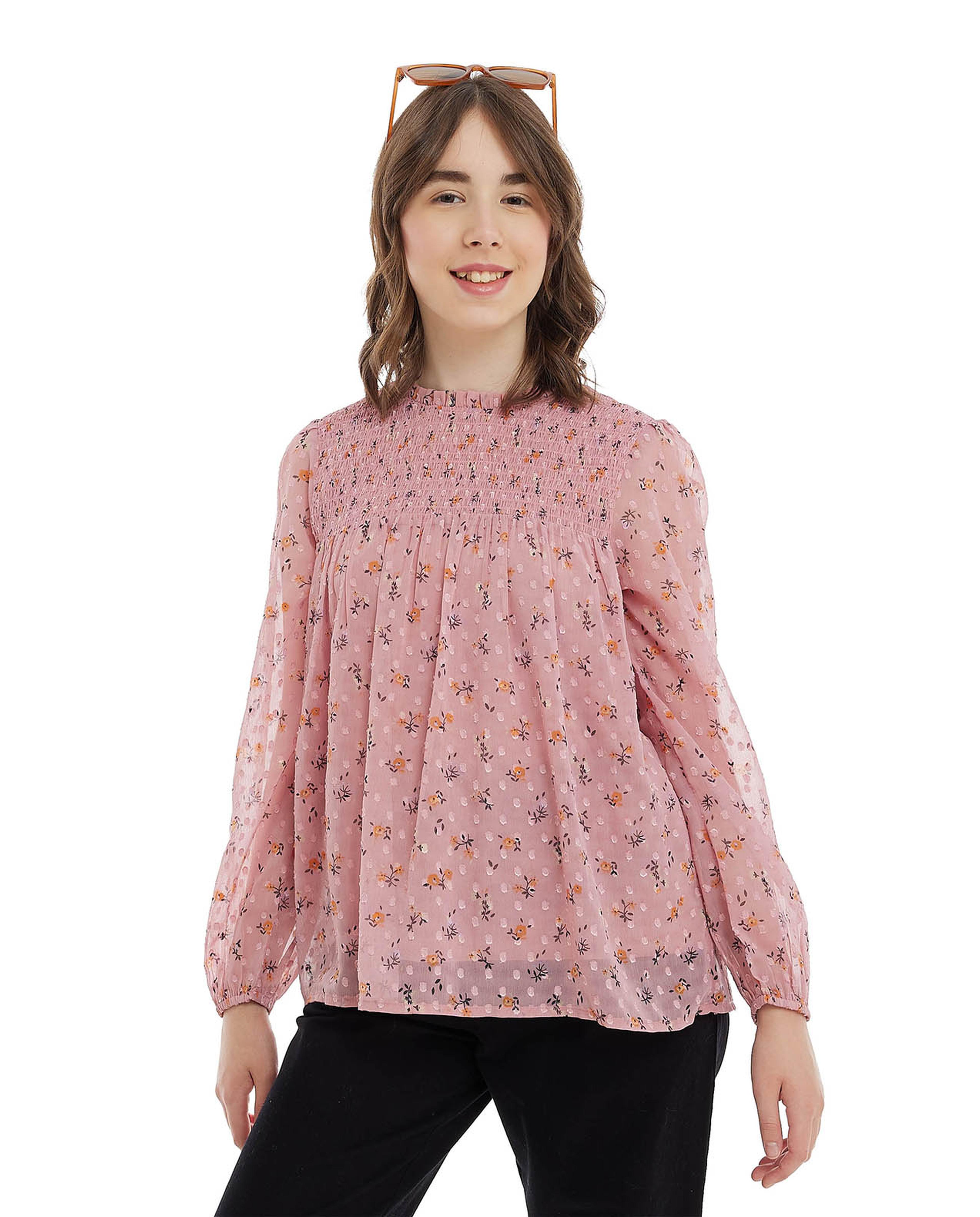 Printed Top with Crew Neck and Long Sleeves