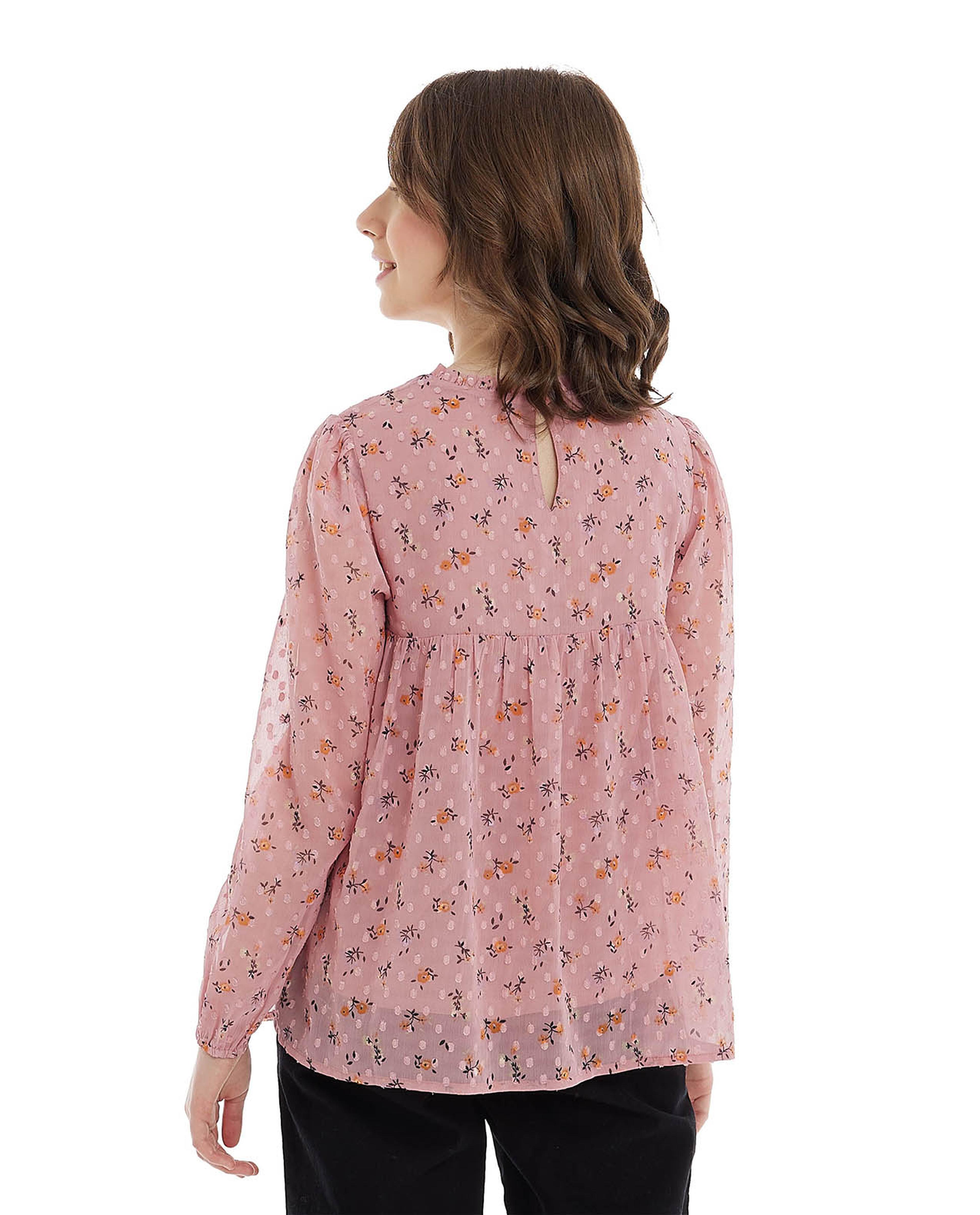 Printed Top with Crew Neck and Long Sleeves