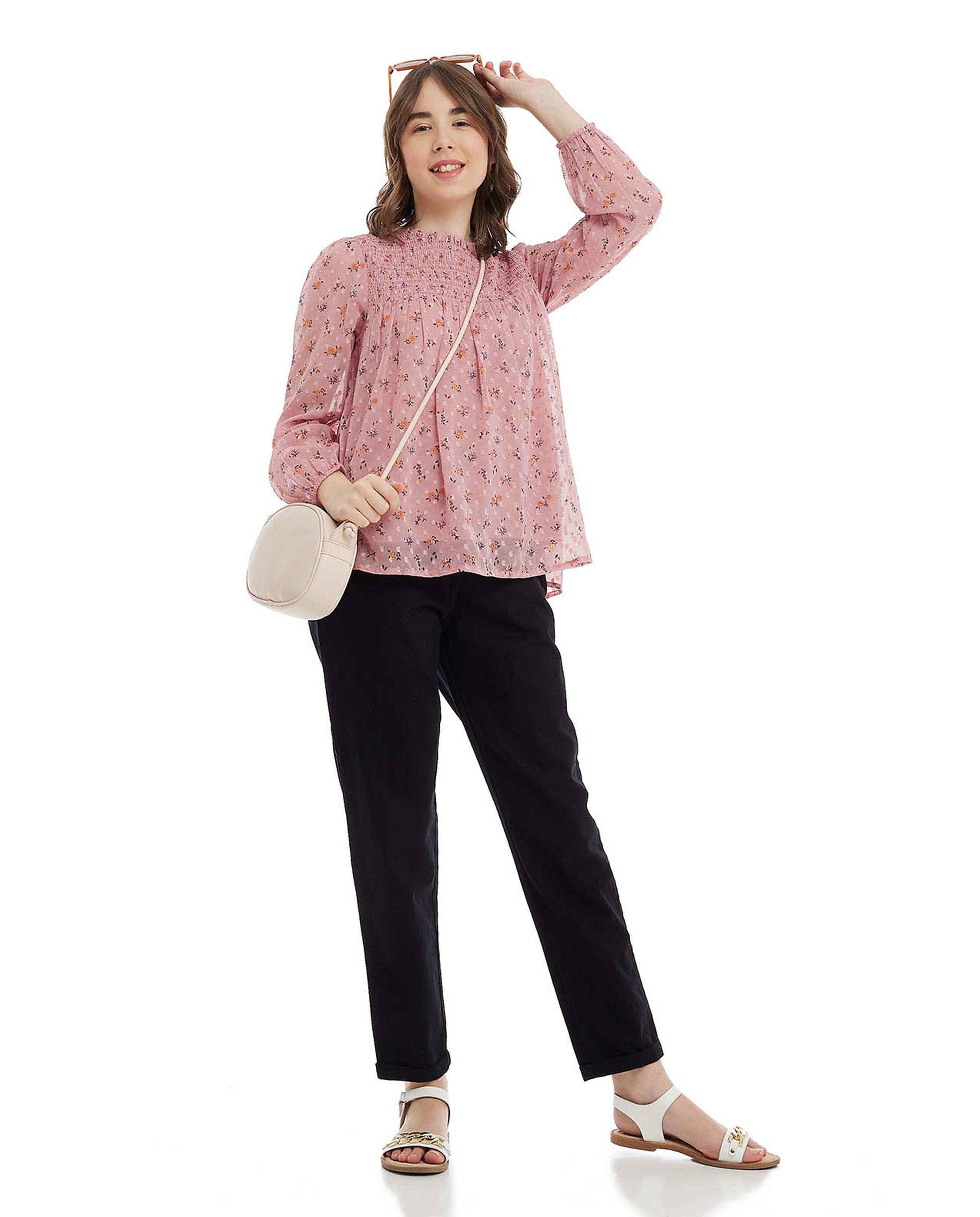 Printed Top with Crew Neck and Long Sleeves