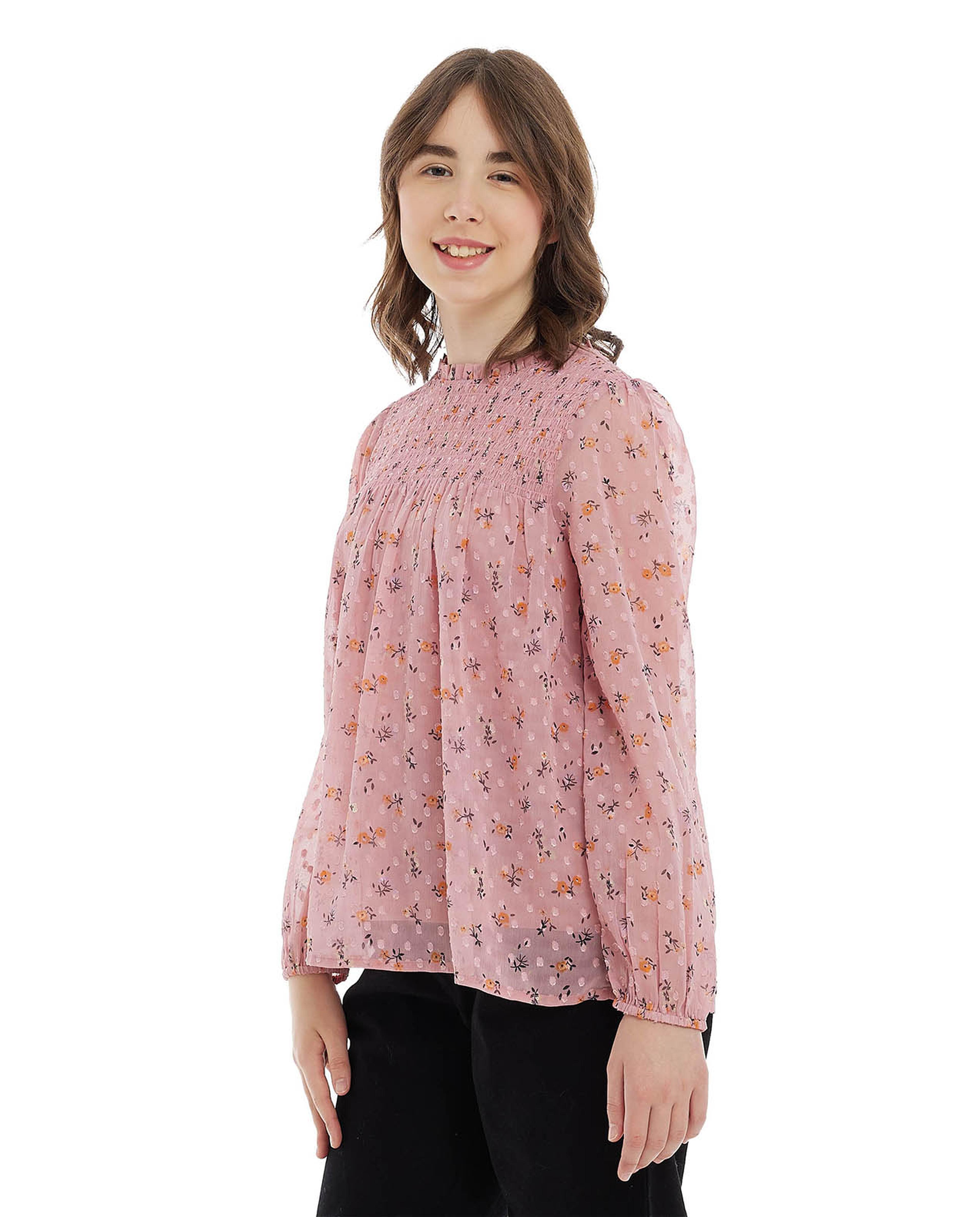 Printed Top with Crew Neck and Long Sleeves