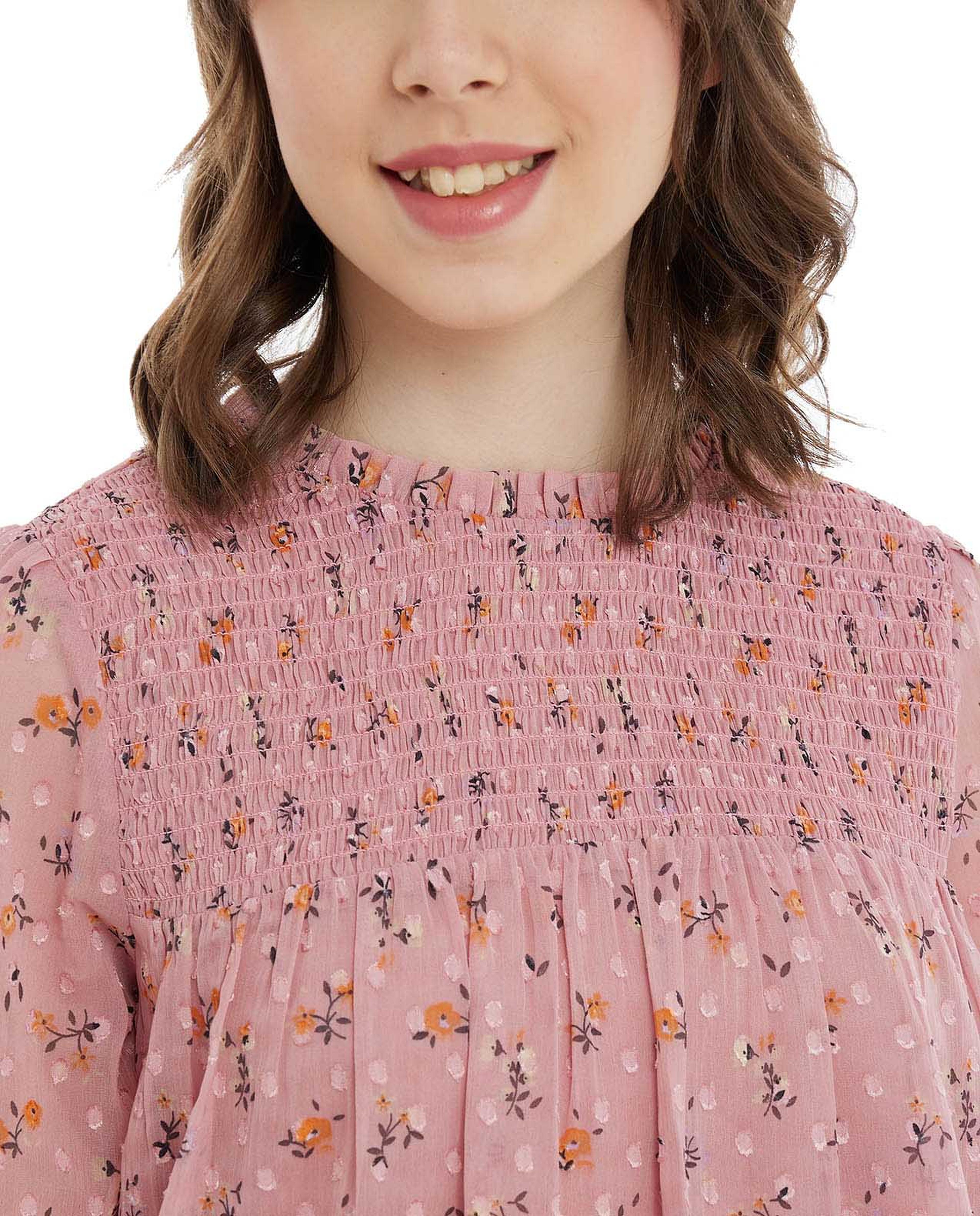 Printed Top with Crew Neck and Long Sleeves
