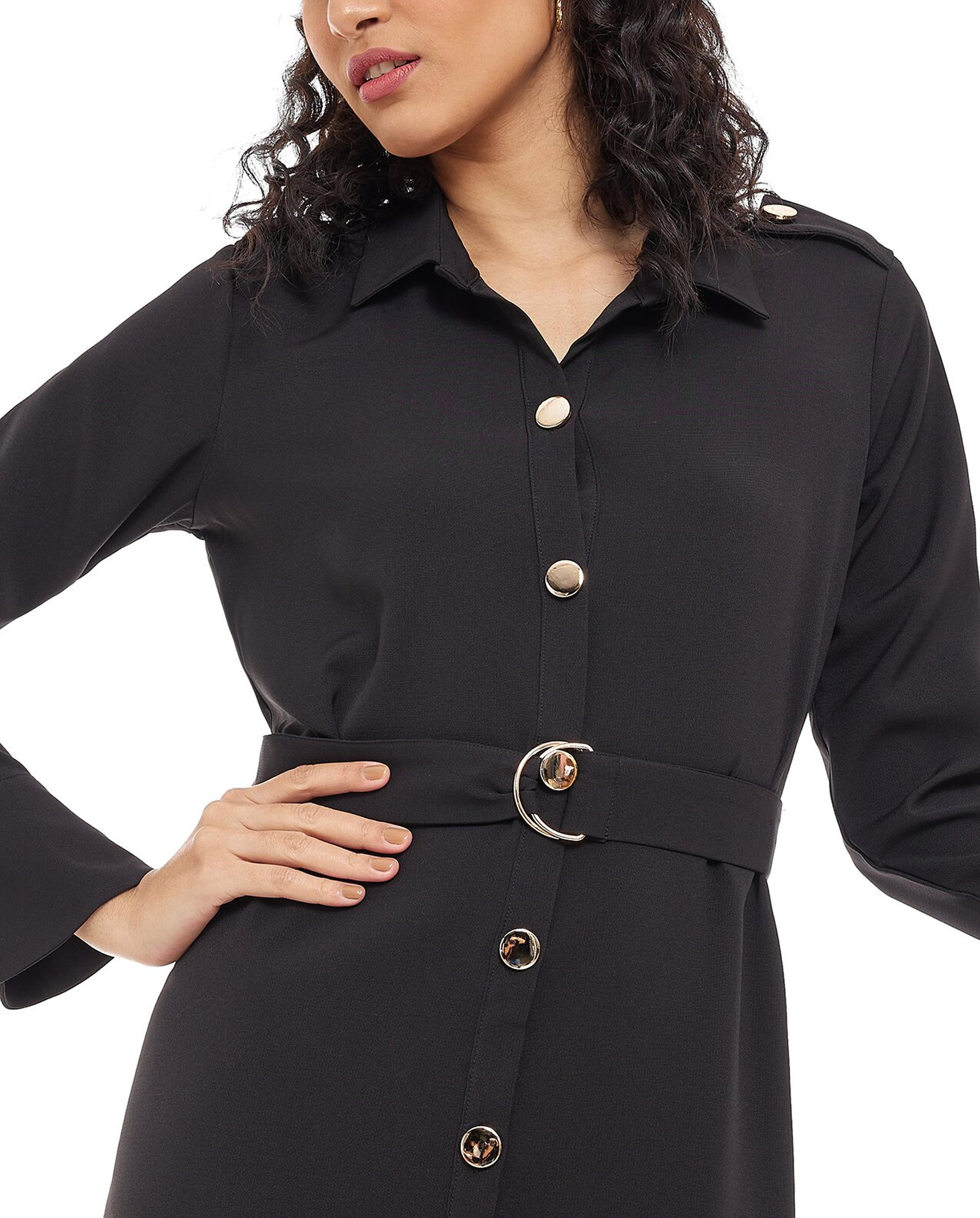 Solid Shirt Dress with Waist Belt