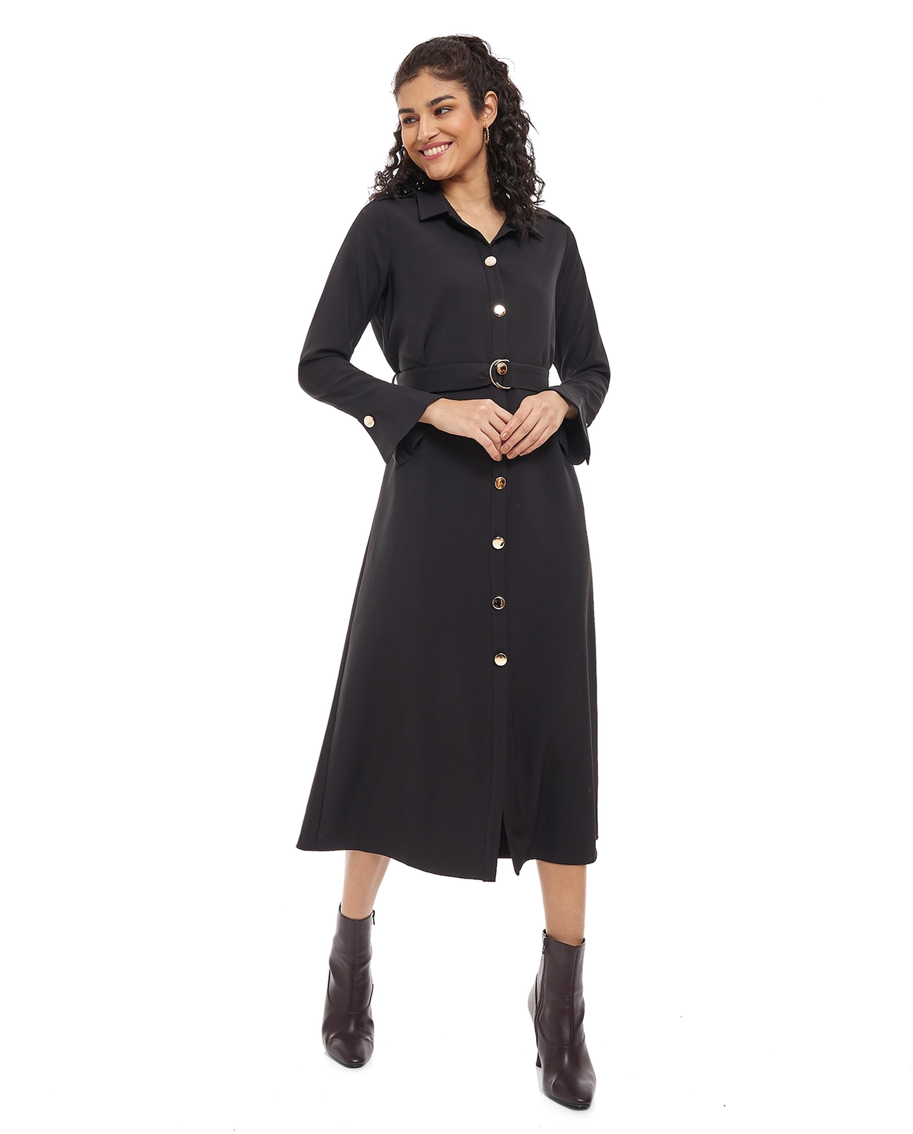 Solid Shirt Dress with Waist Belt