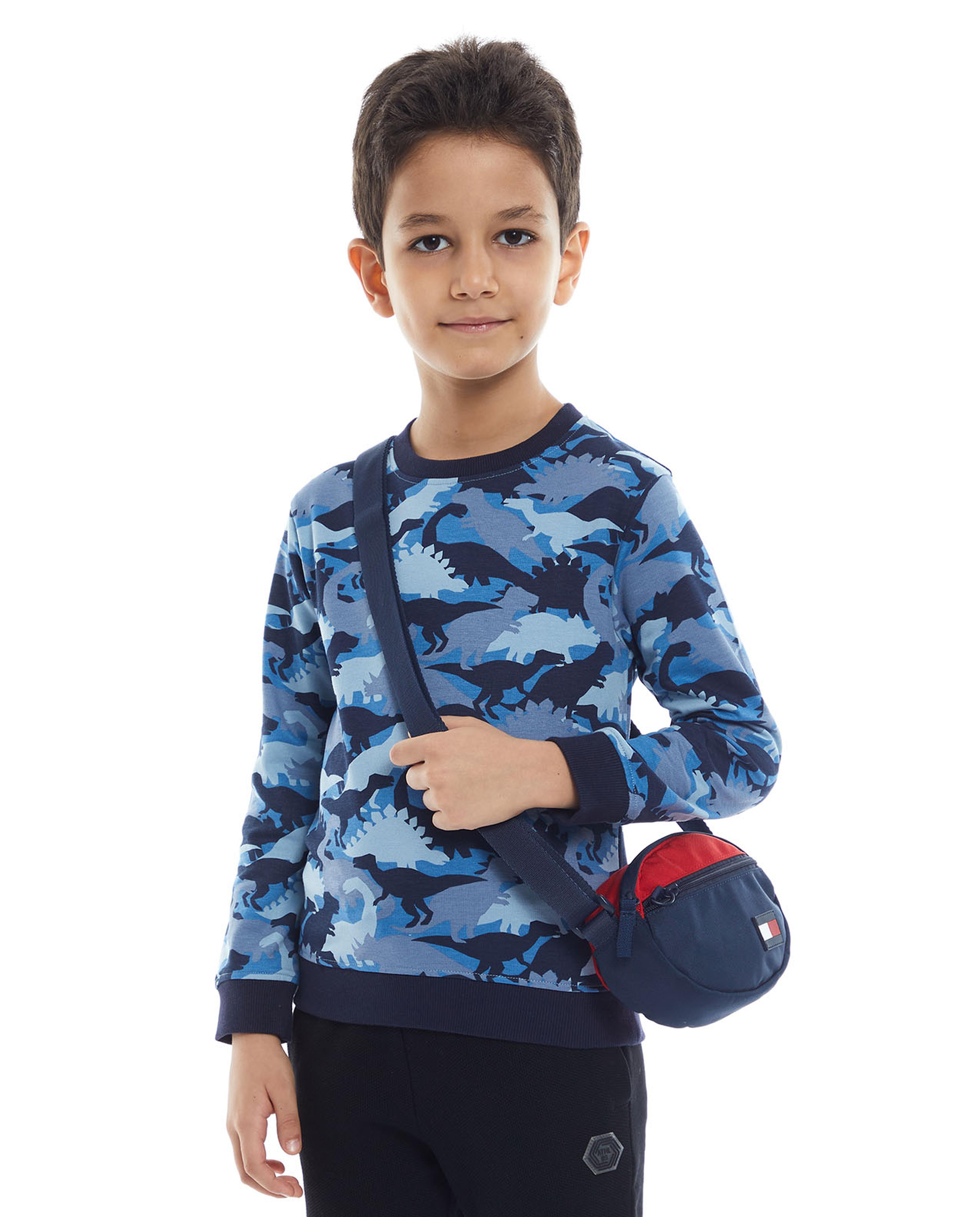 Dino Print Sweatshirt with Crew Neck and Long Sleeves