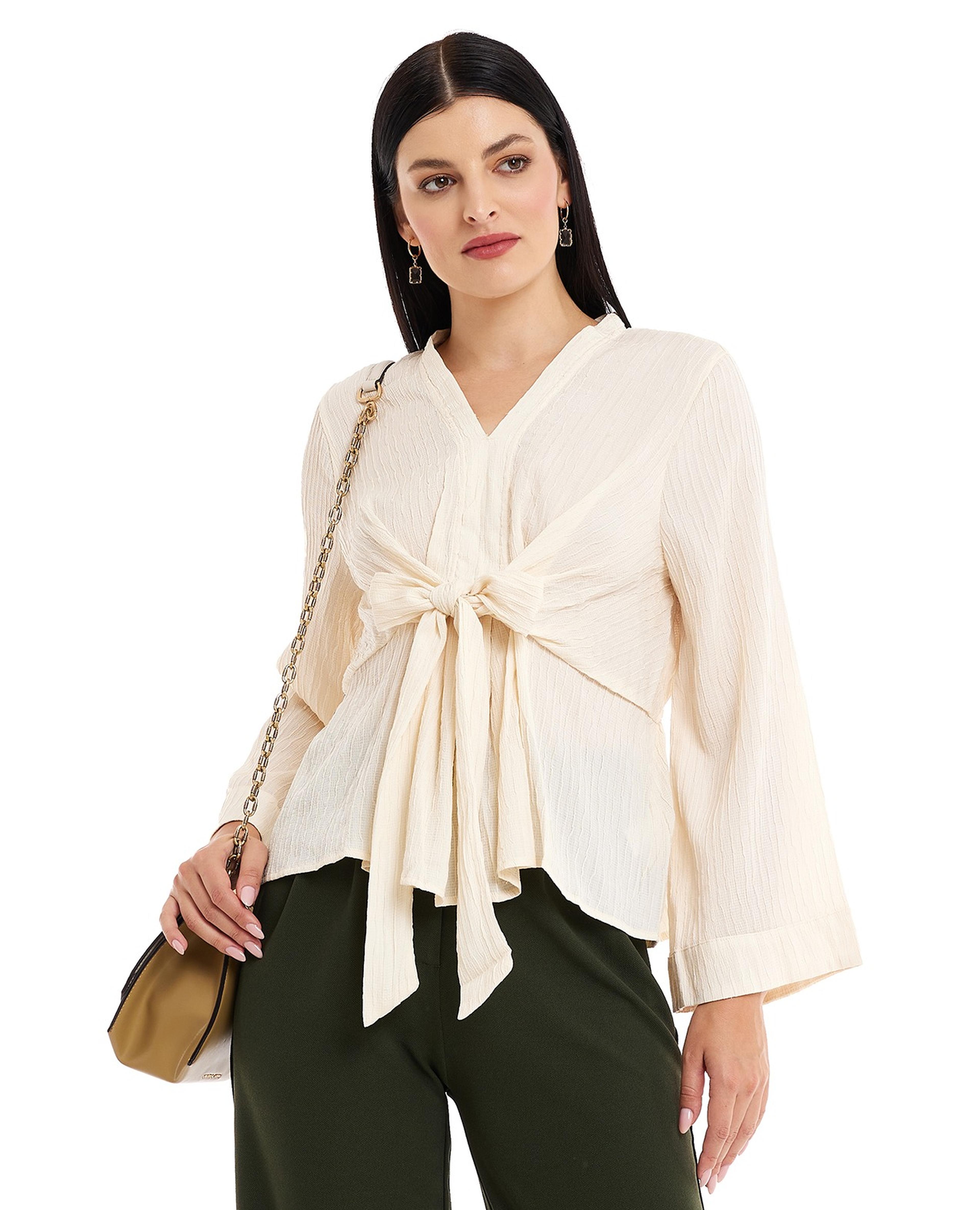 Textured Top with V-Neck and Long Sleeves