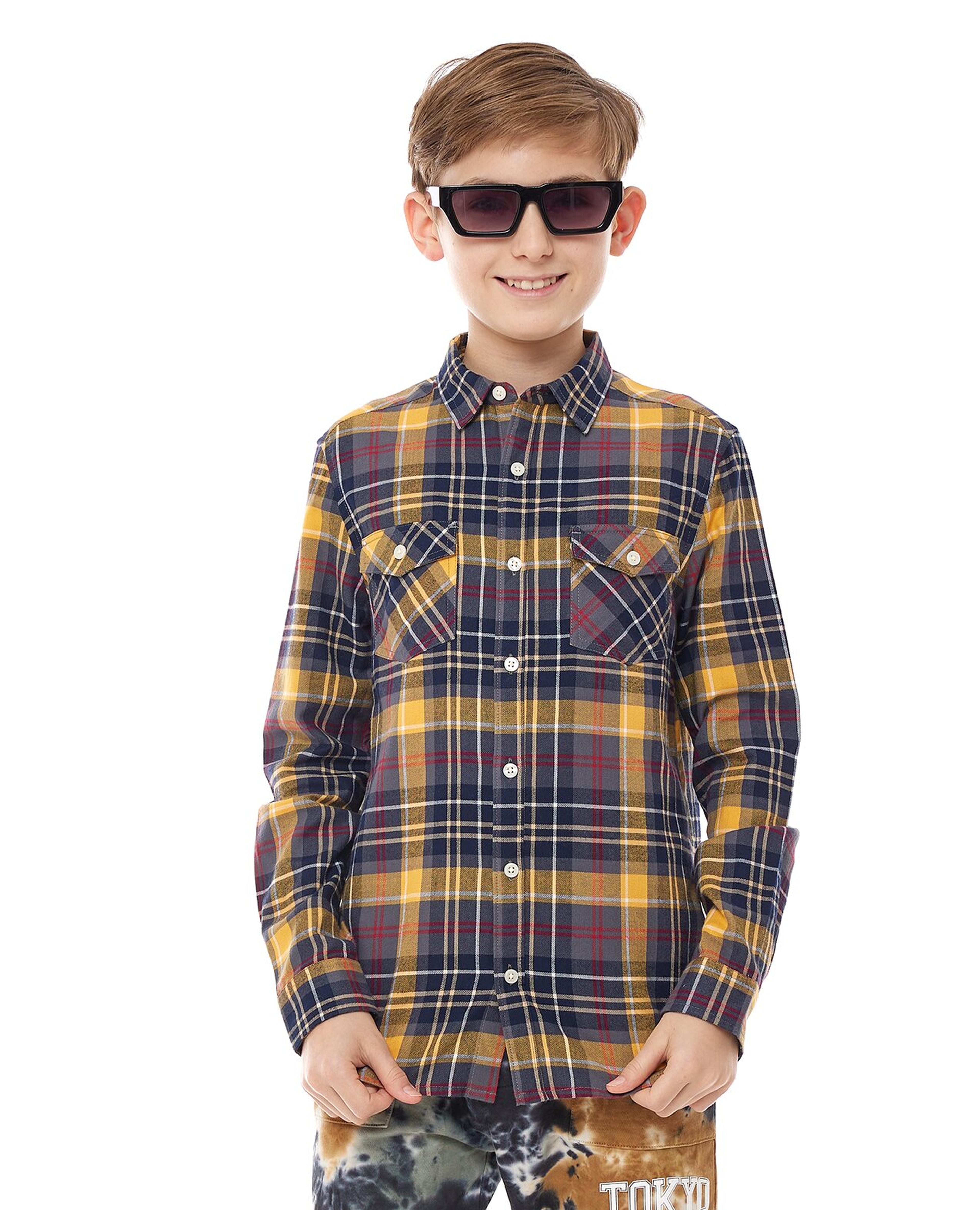 Plaid Shirt with Spread Collar and Long Sleeves