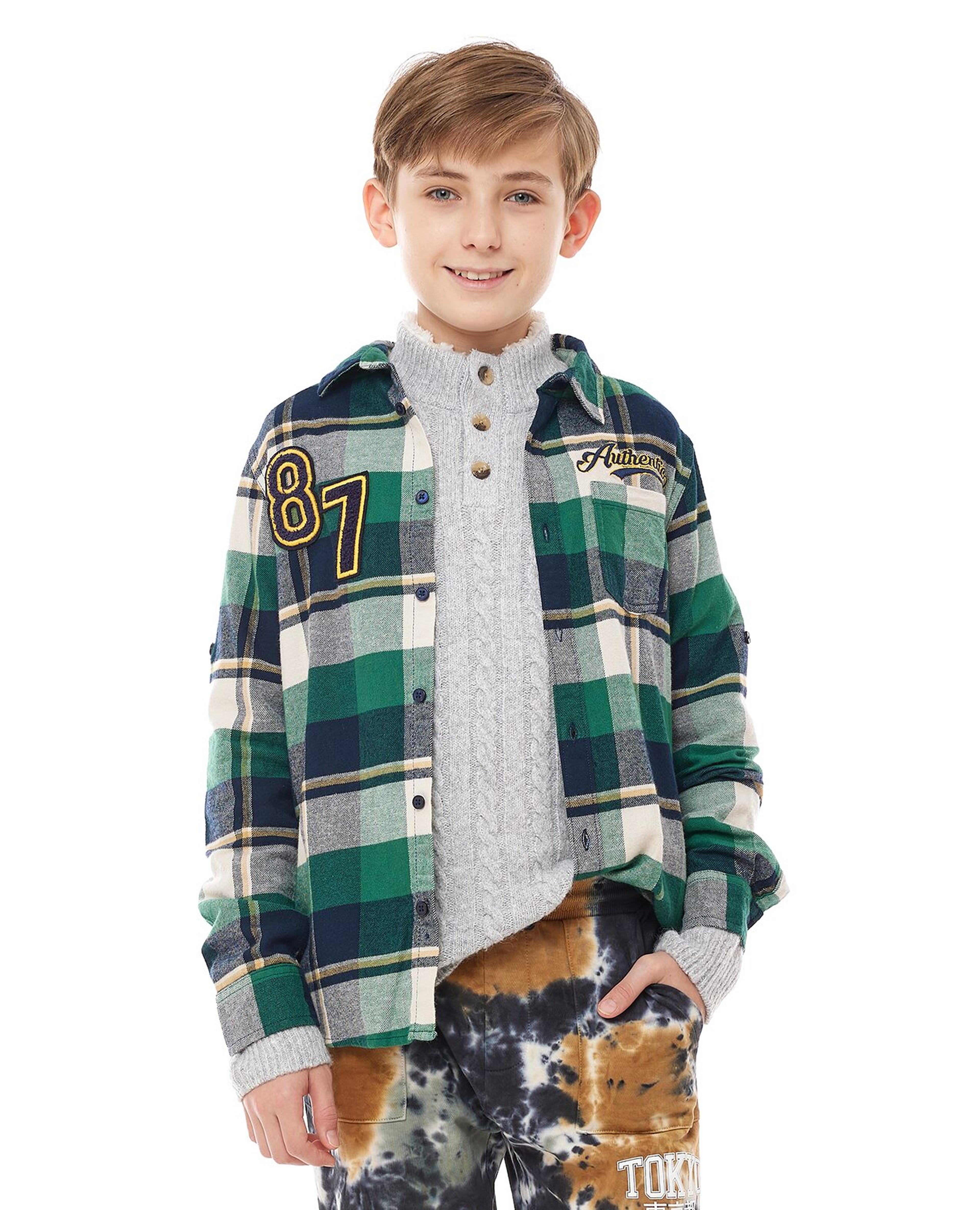 Plaid Shirt with Spread Collar and Long Sleeves