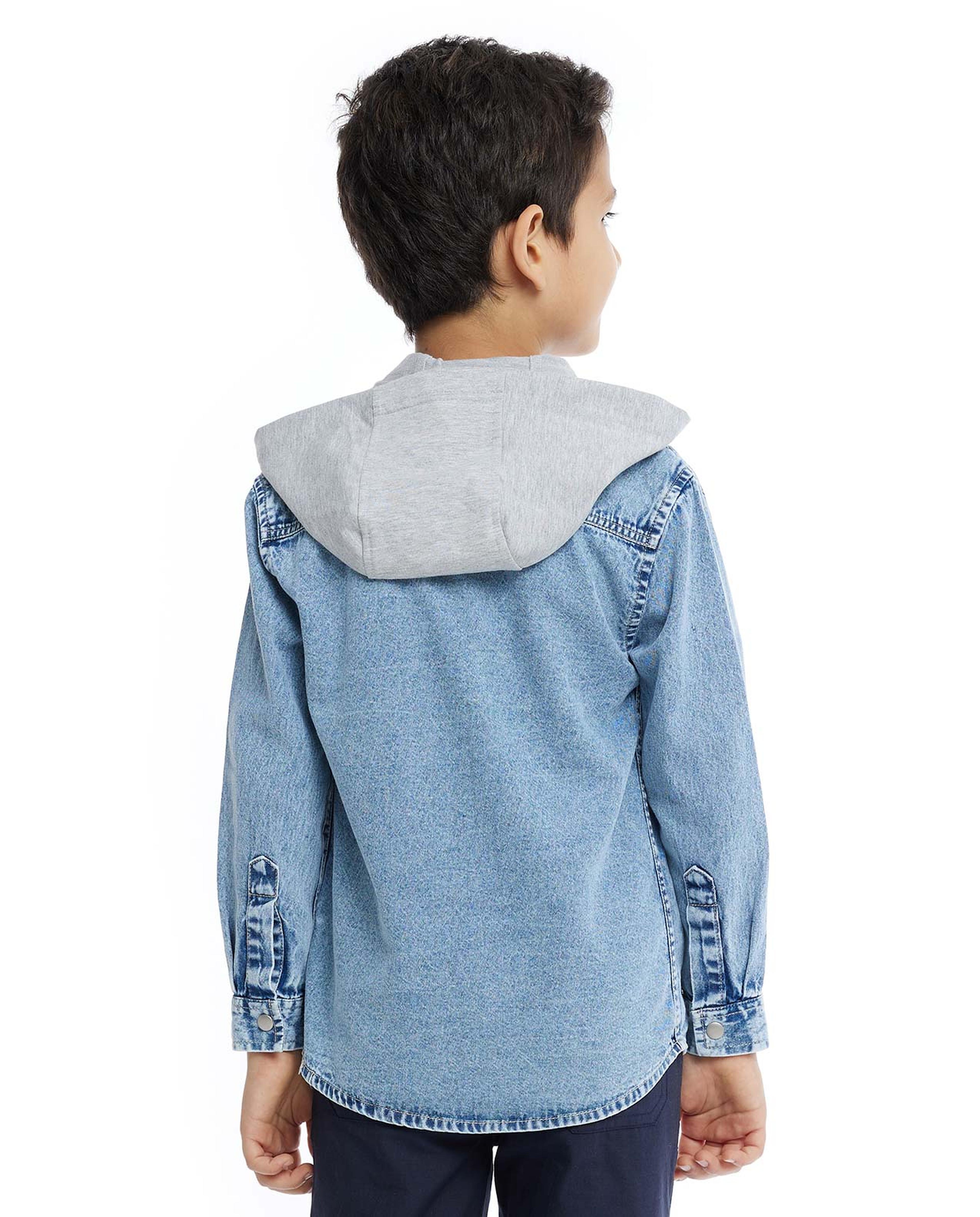 Faded Denim Shirt with Classic Collar and Long Sleeves