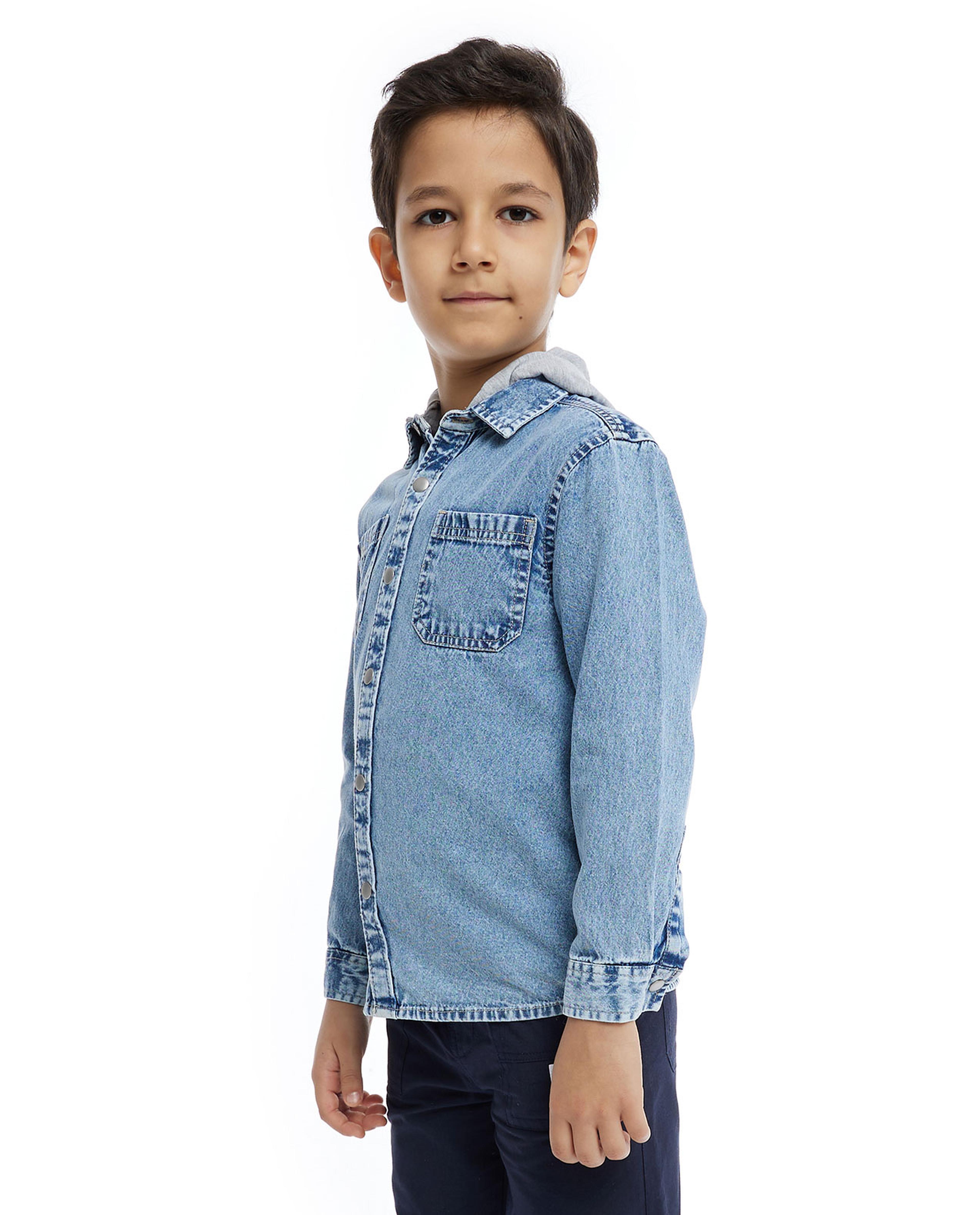 Faded Denim Shirt with Classic Collar and Long Sleeves