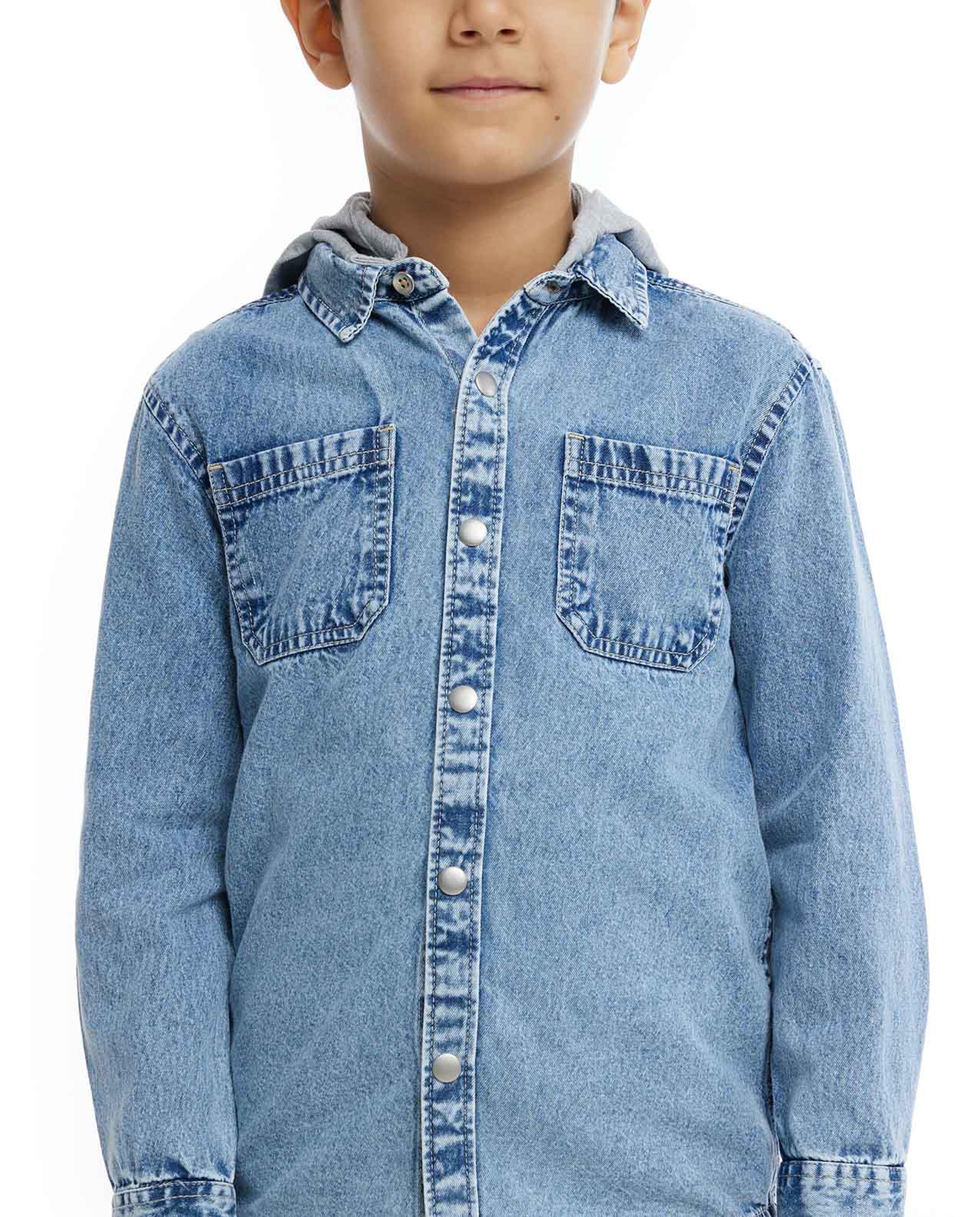 Faded Denim Shirt with Classic Collar and Long Sleeves