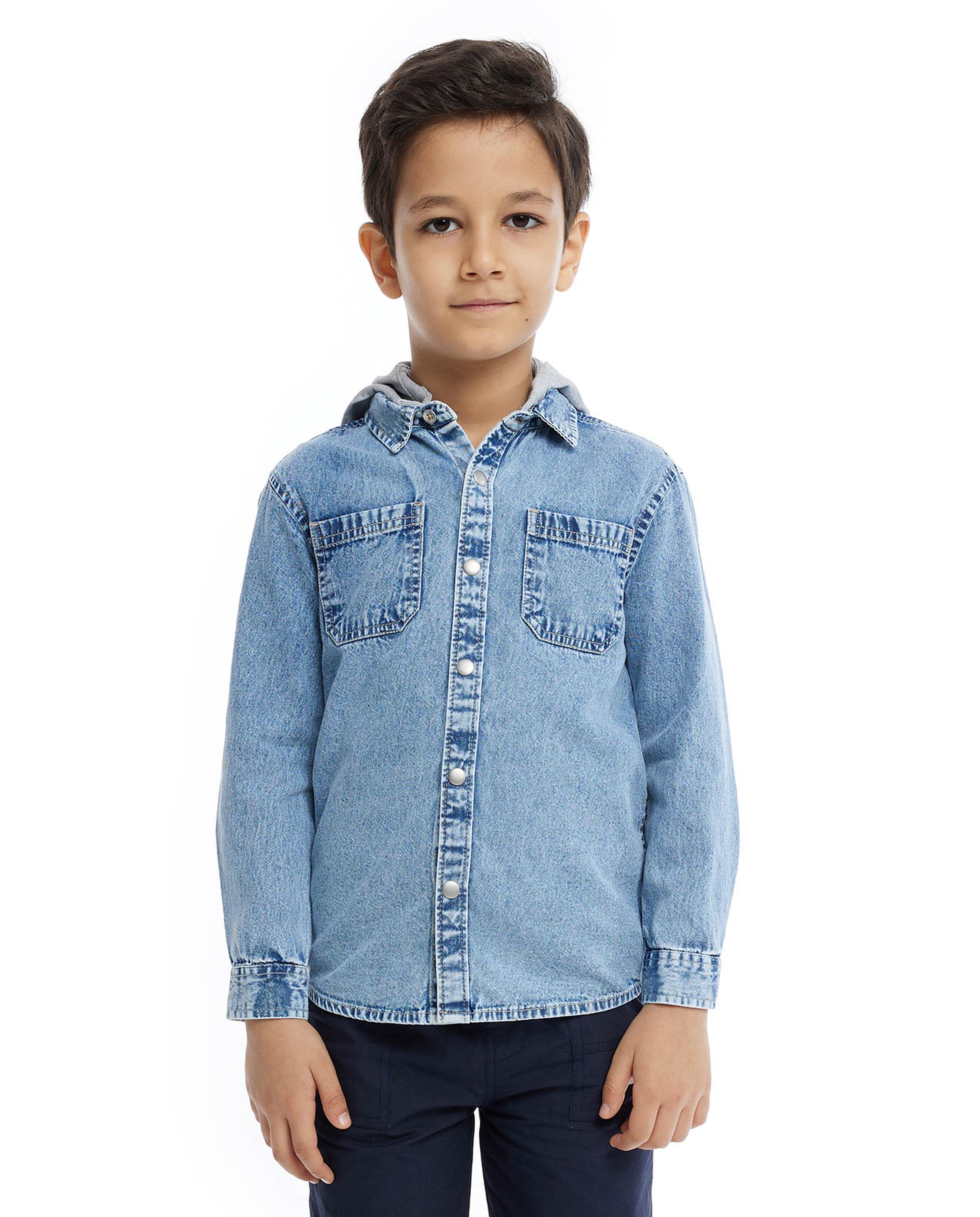 Faded Denim Shirt with Classic Collar and Long Sleeves