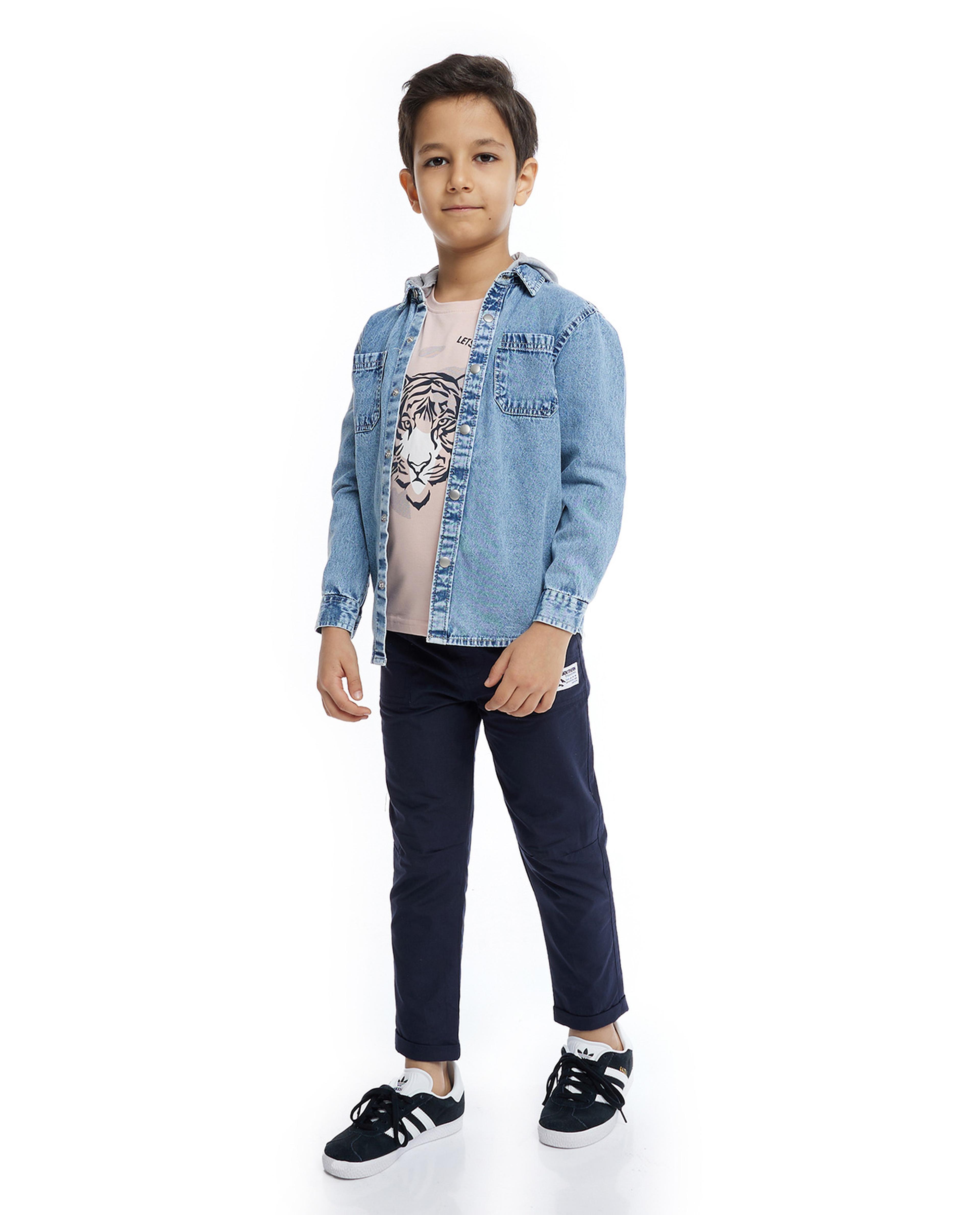 Faded Denim Shirt with Classic Collar and Long Sleeves