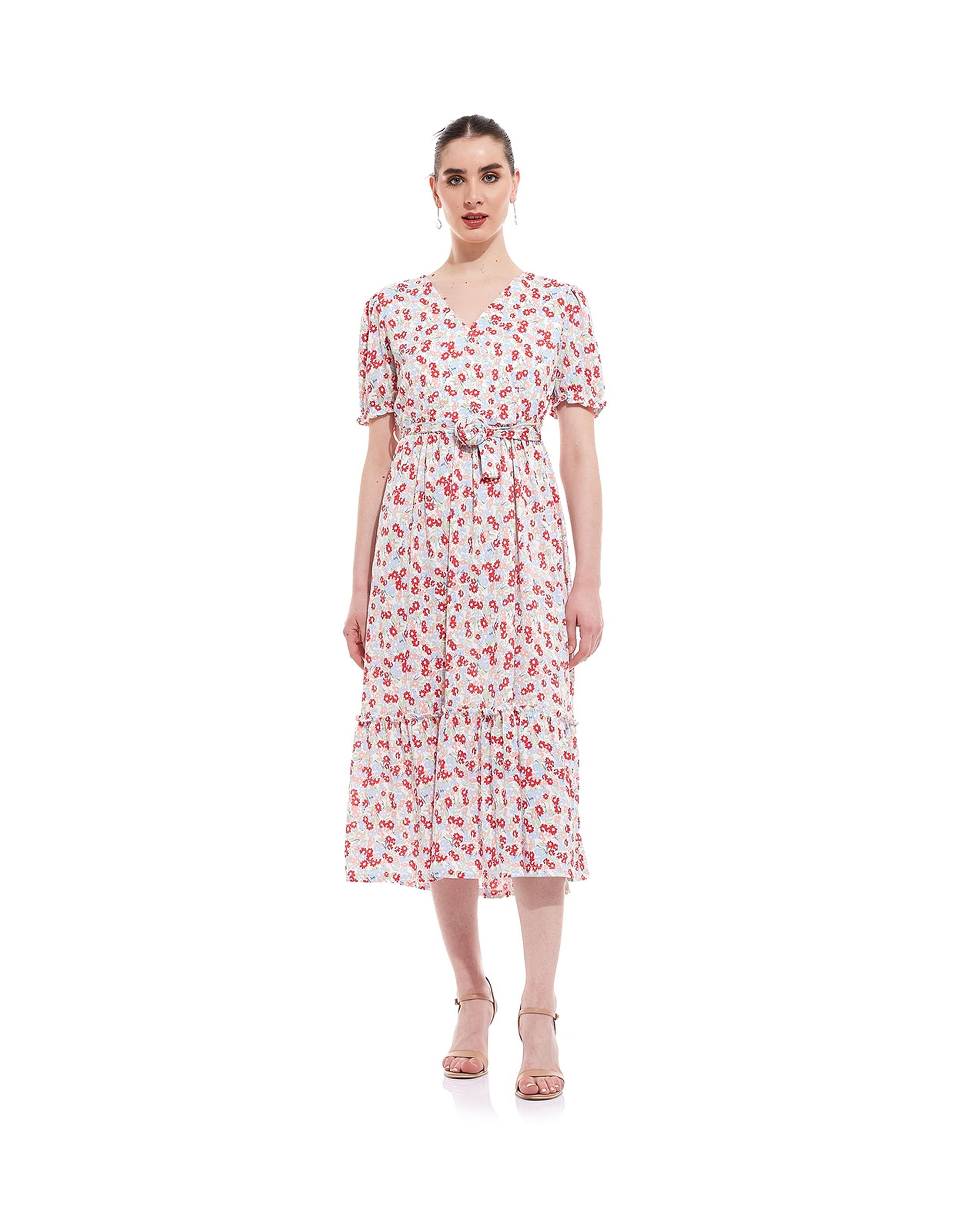 فستان ميدي بطبعة بياقة V بأكمام قصيرة 