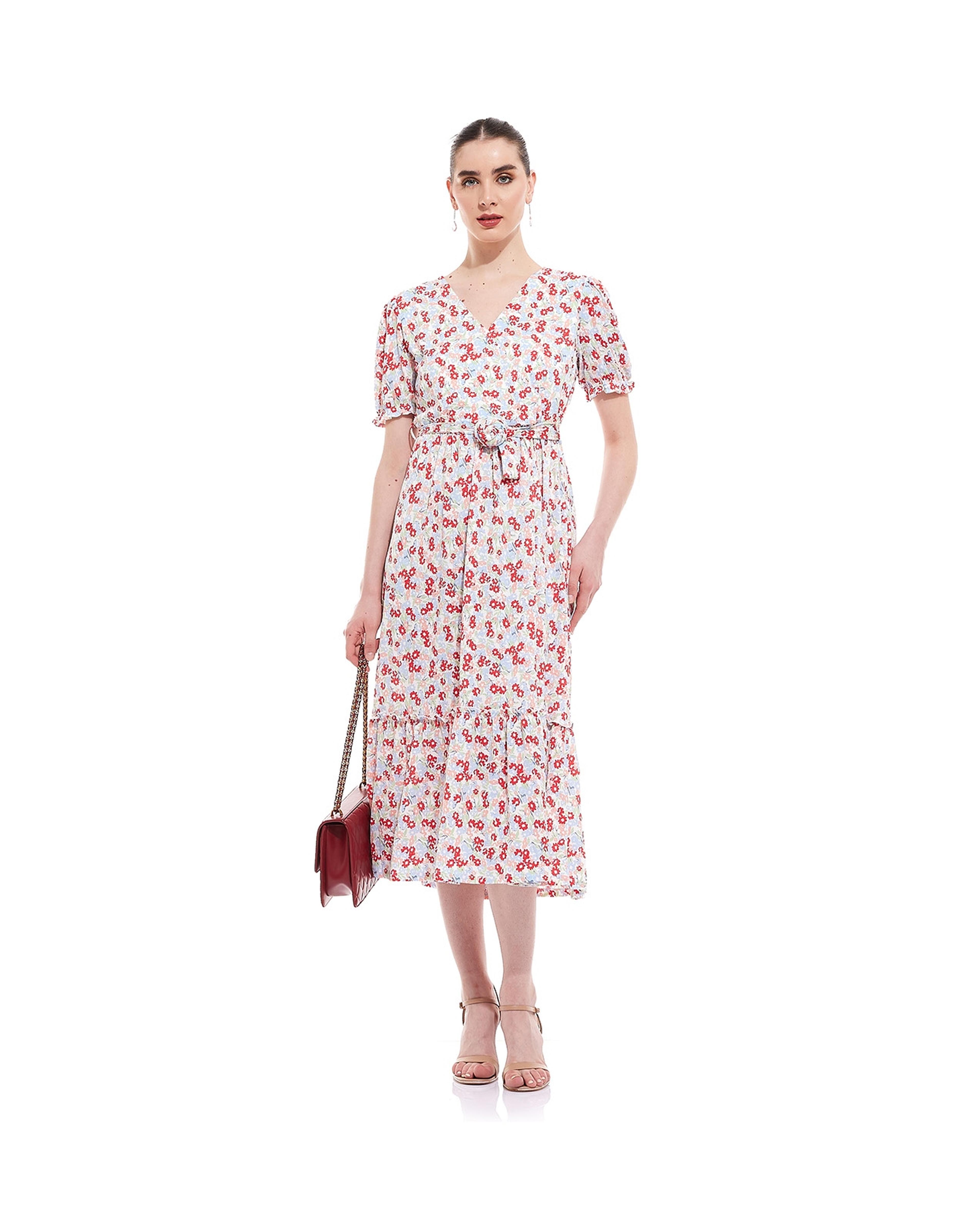 فستان ميدي بطبعة بياقة V بأكمام قصيرة 