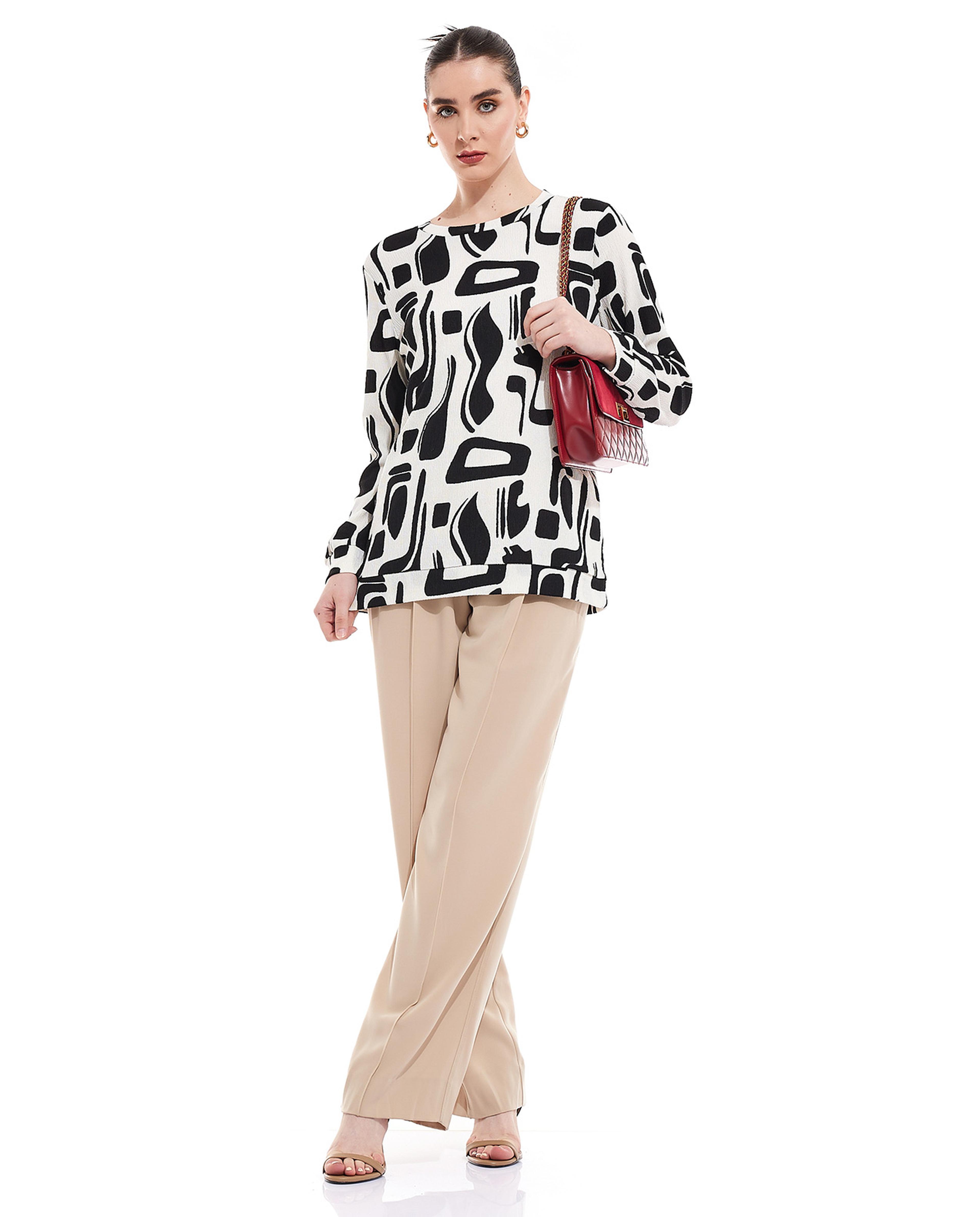 Printed Top with Crew Neck and Long Sleeves