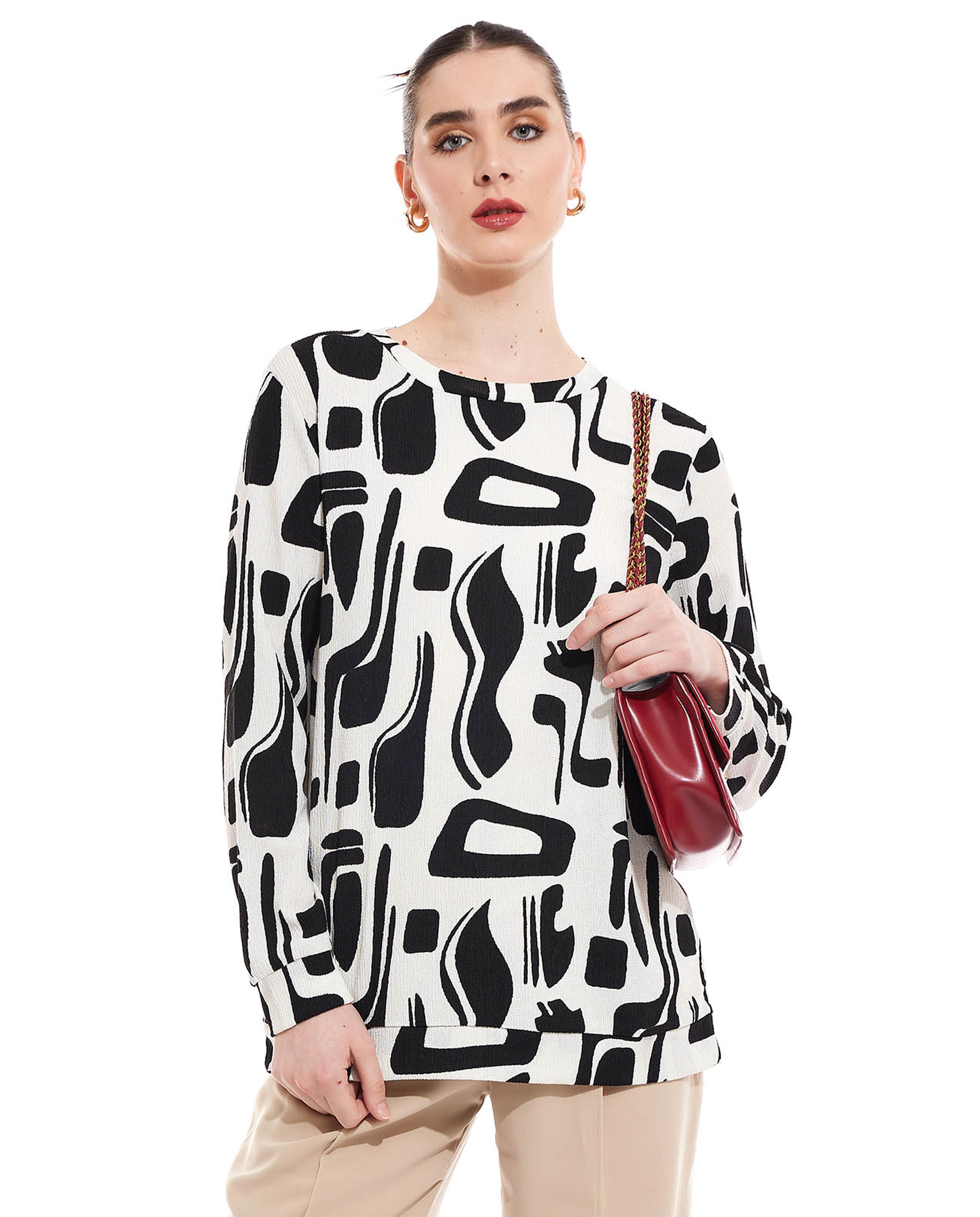 Printed Top with Crew Neck and Long Sleeves