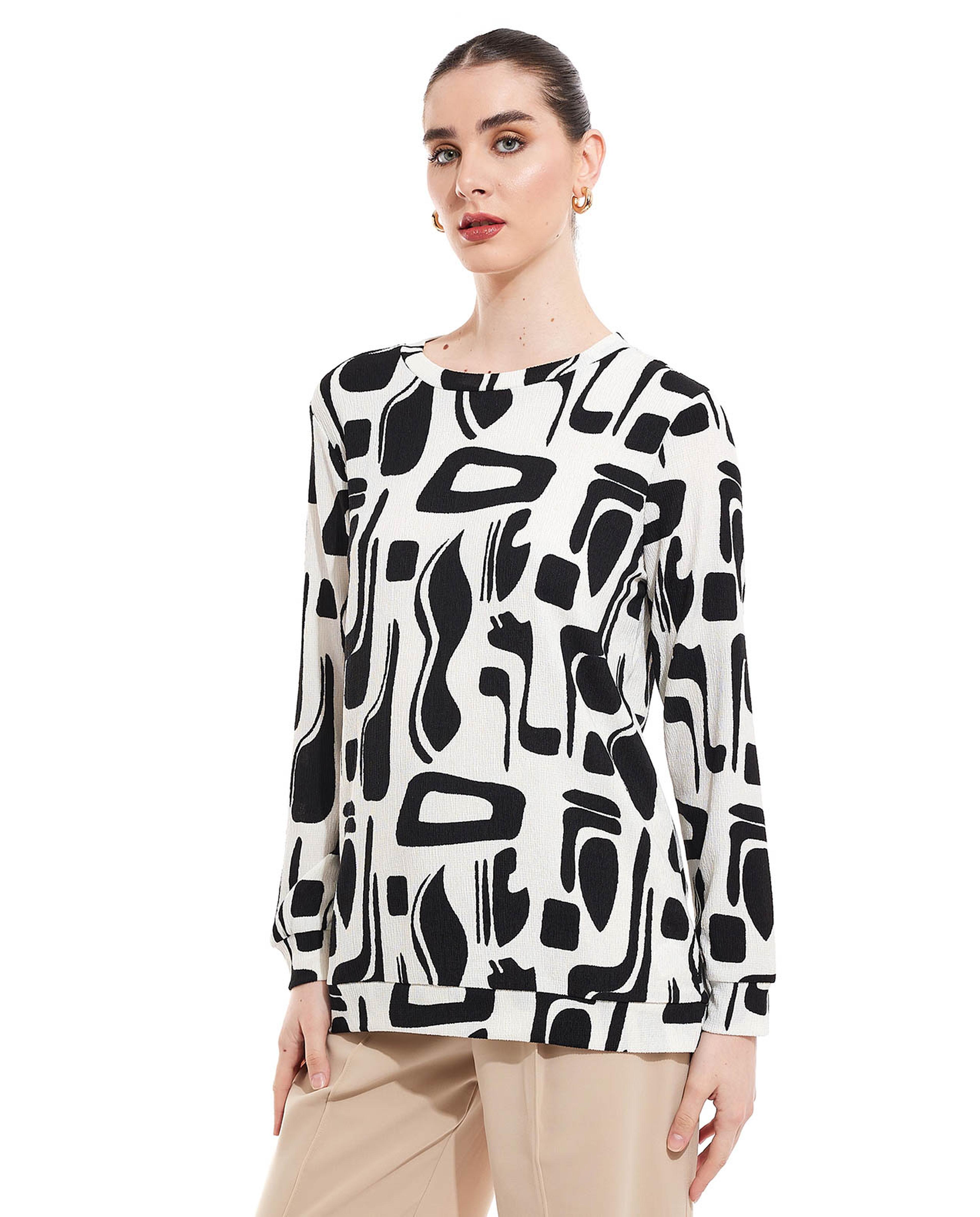Printed Top with Crew Neck and Long Sleeves
