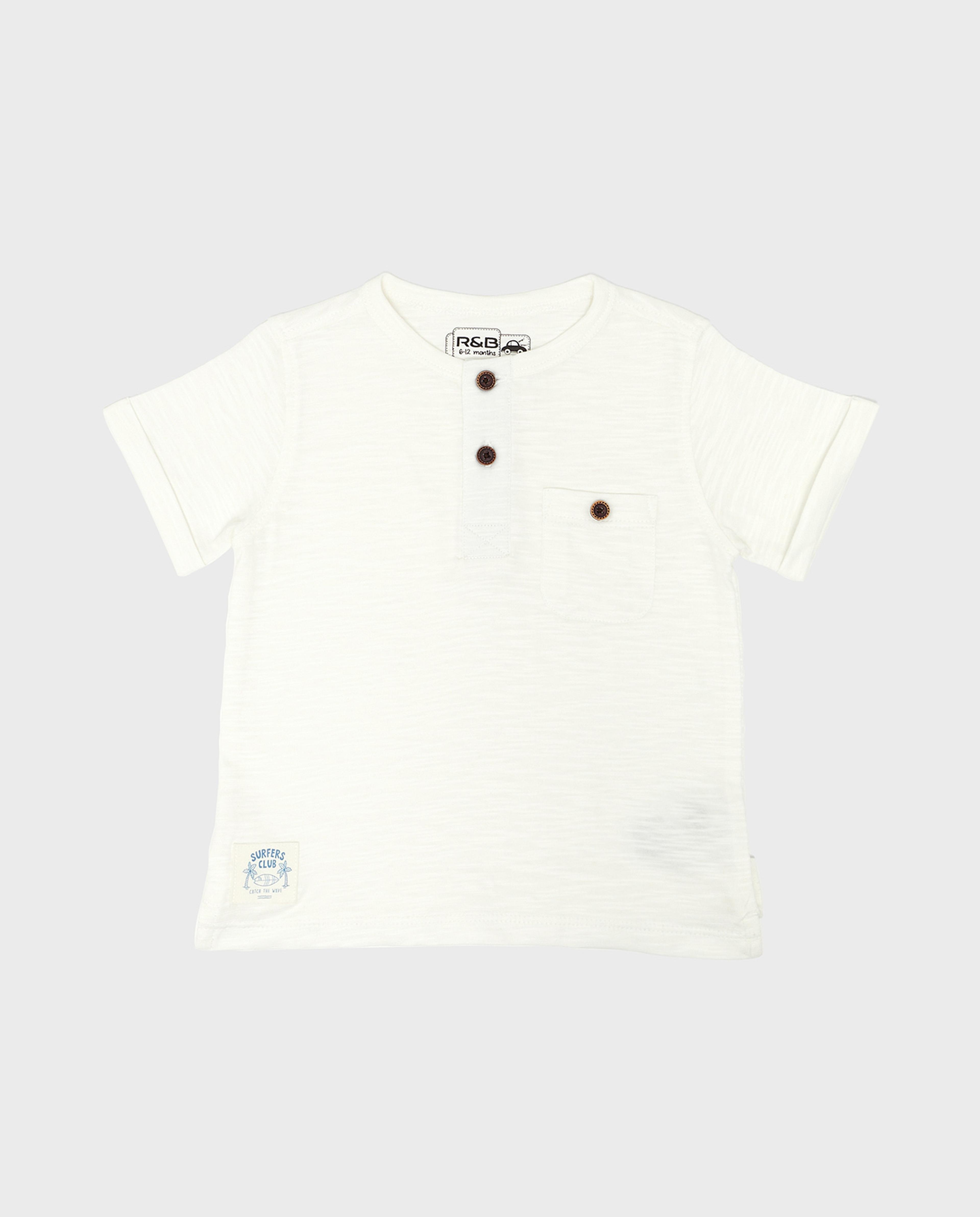 تيشيرت سادة مع ياقة هينلي وأكمام قصيرة 