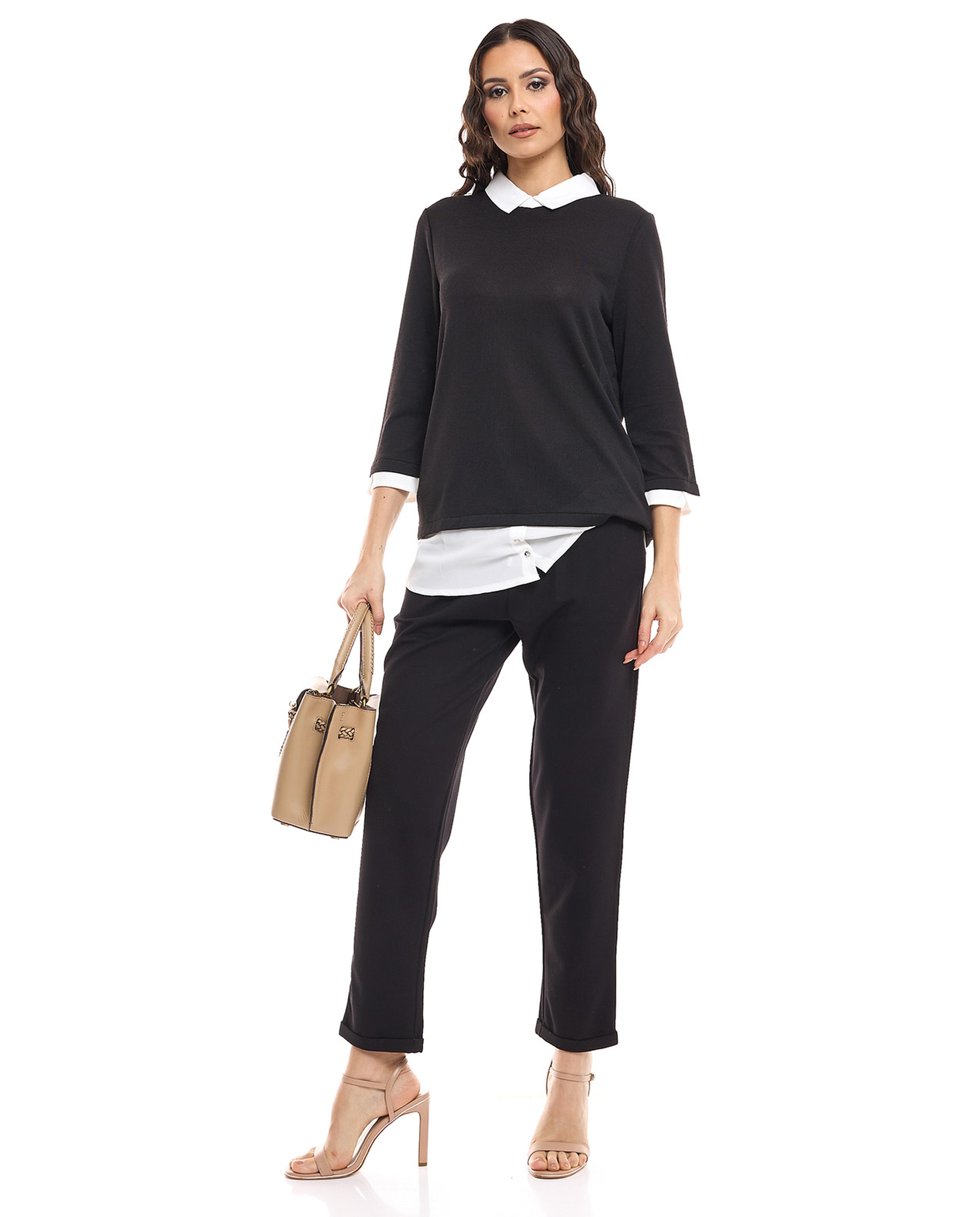 Color Block Tunic with Classic Collar and 3/4 Sleeves