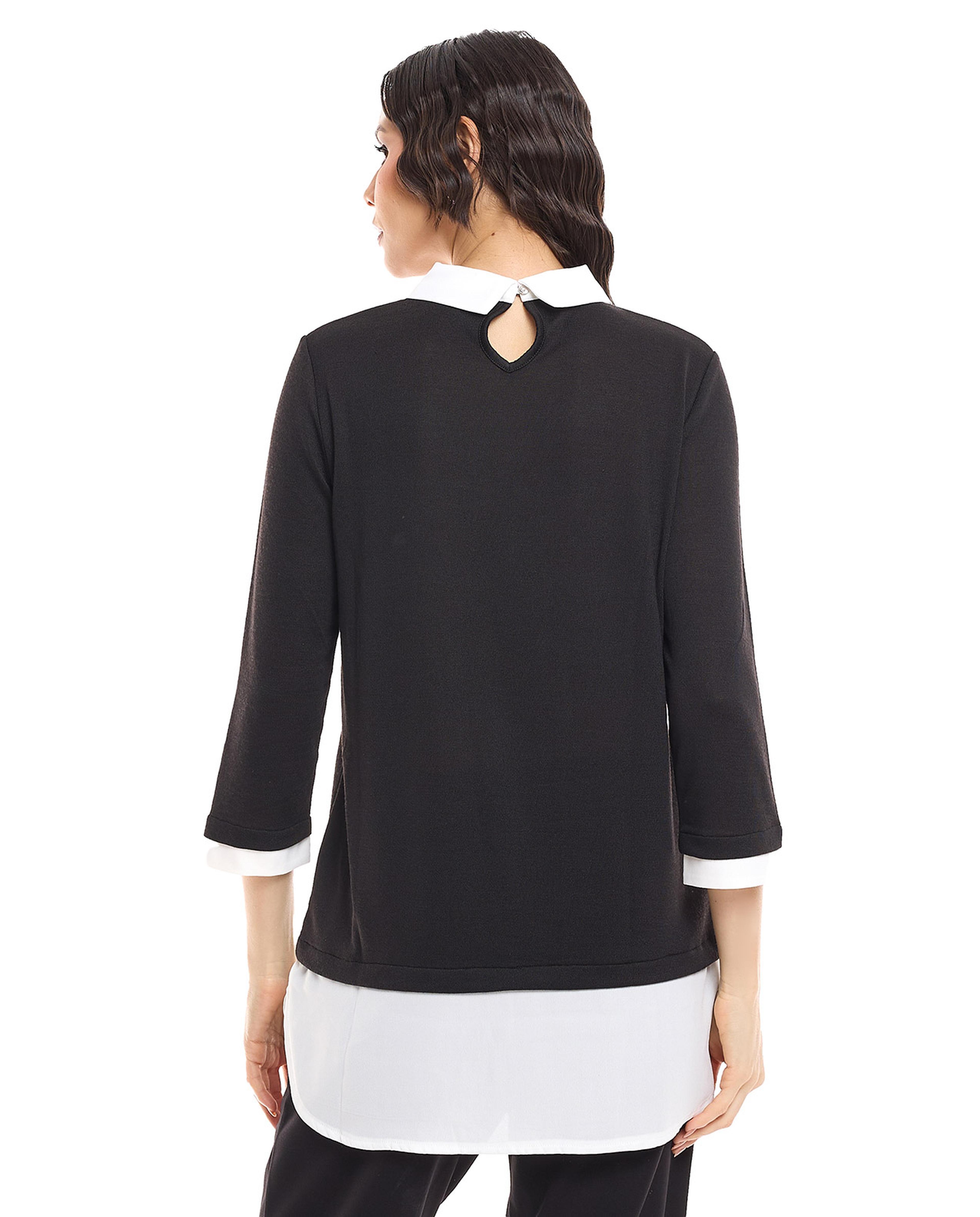Color Block Tunic with Classic Collar and 3/4 Sleeves