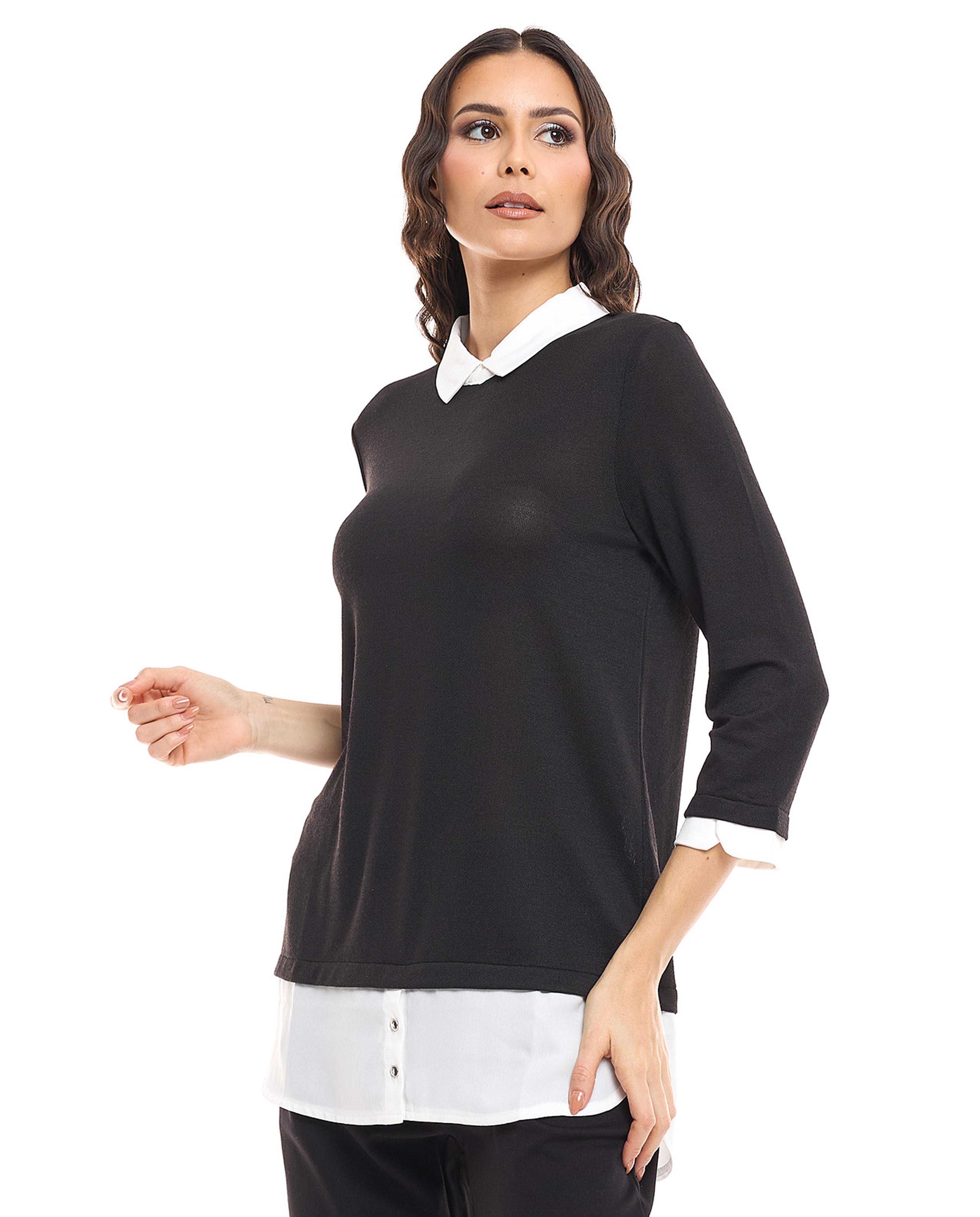 Color Block Tunic with Classic Collar and 3/4 Sleeves