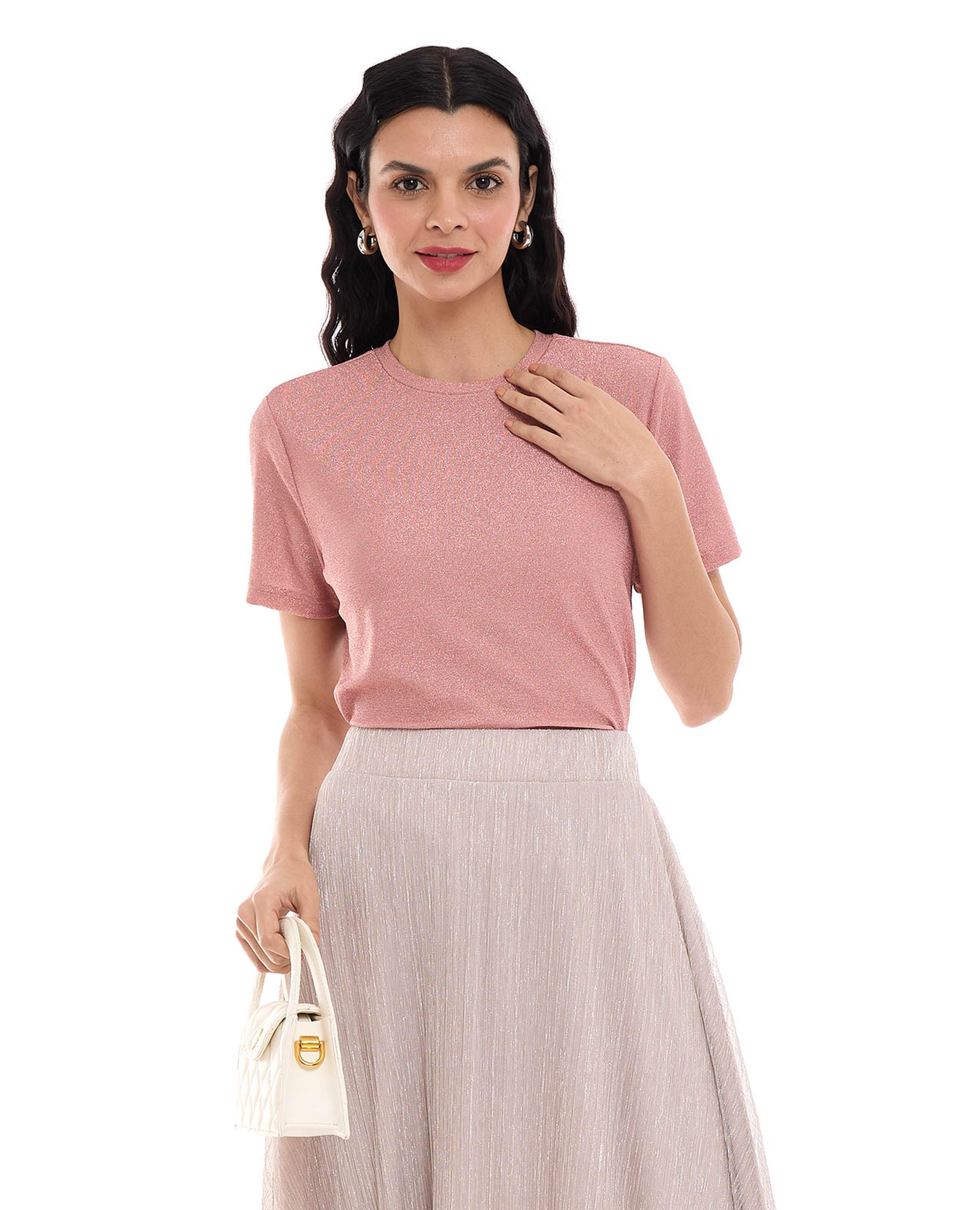 Shimmer Top with Crew Neck and Short Sleeves