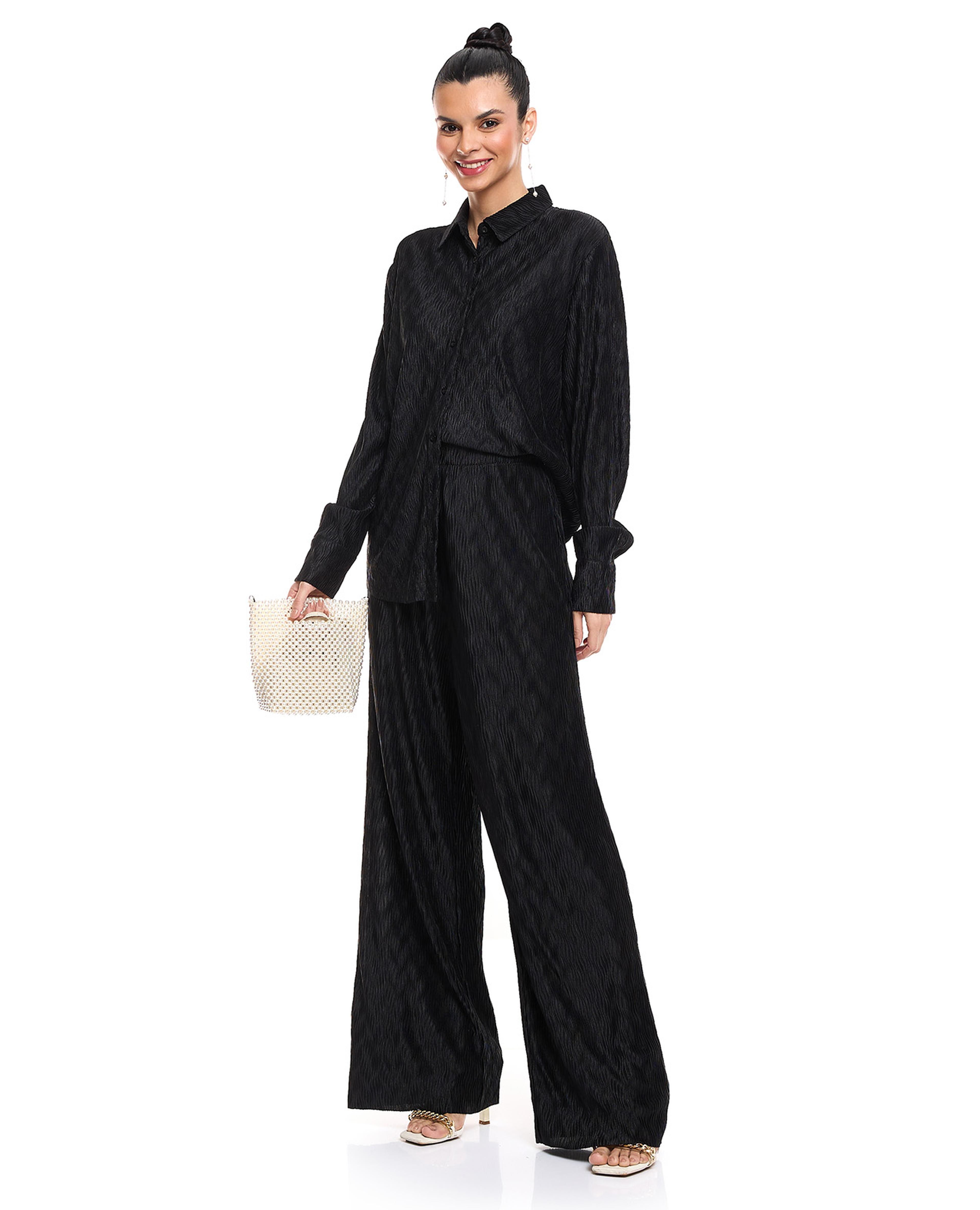 Pin-Tuck Elastic Waist Wide Leg Pants