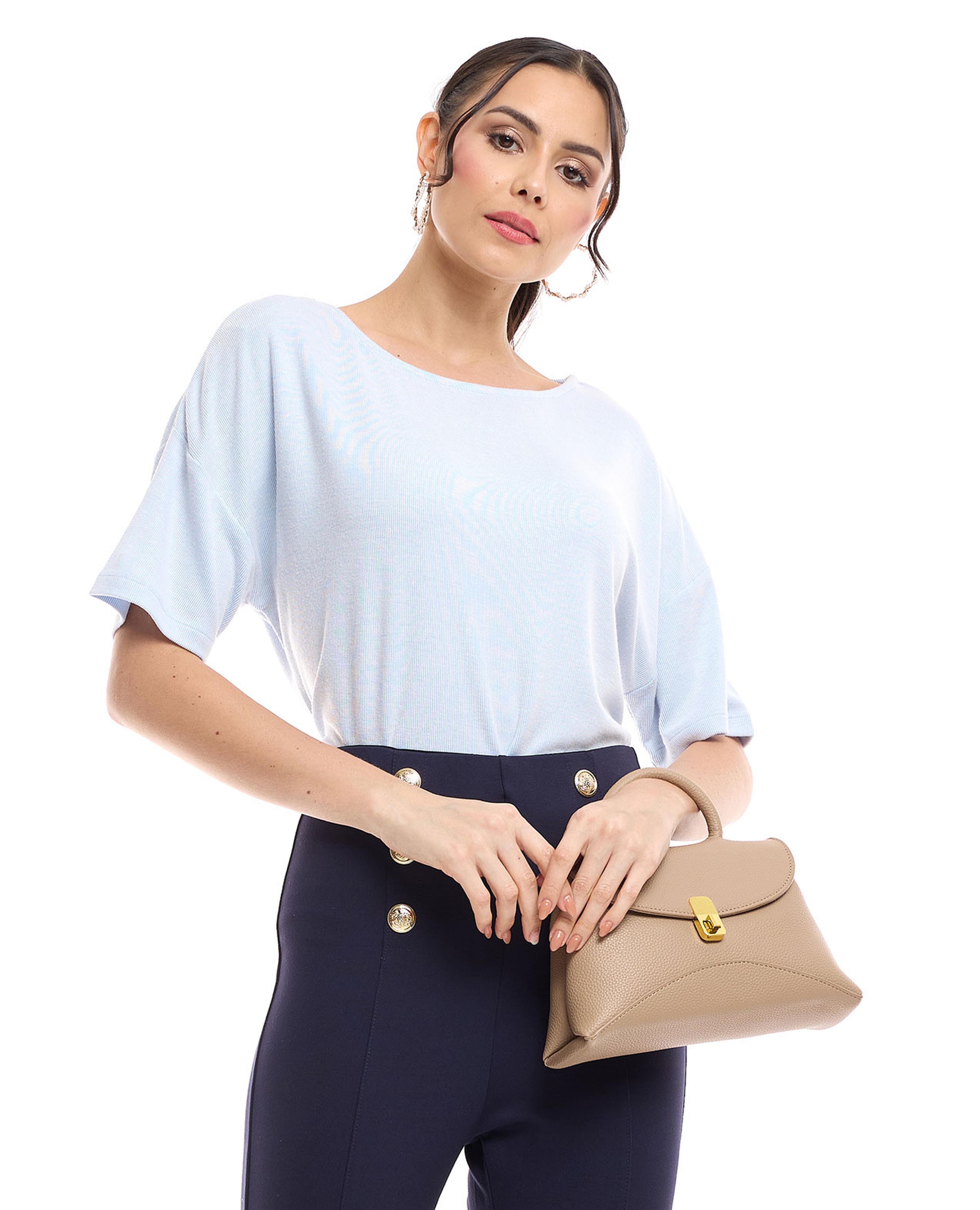 Solid T-Shirt with Round Neck and Dropped Sleeves