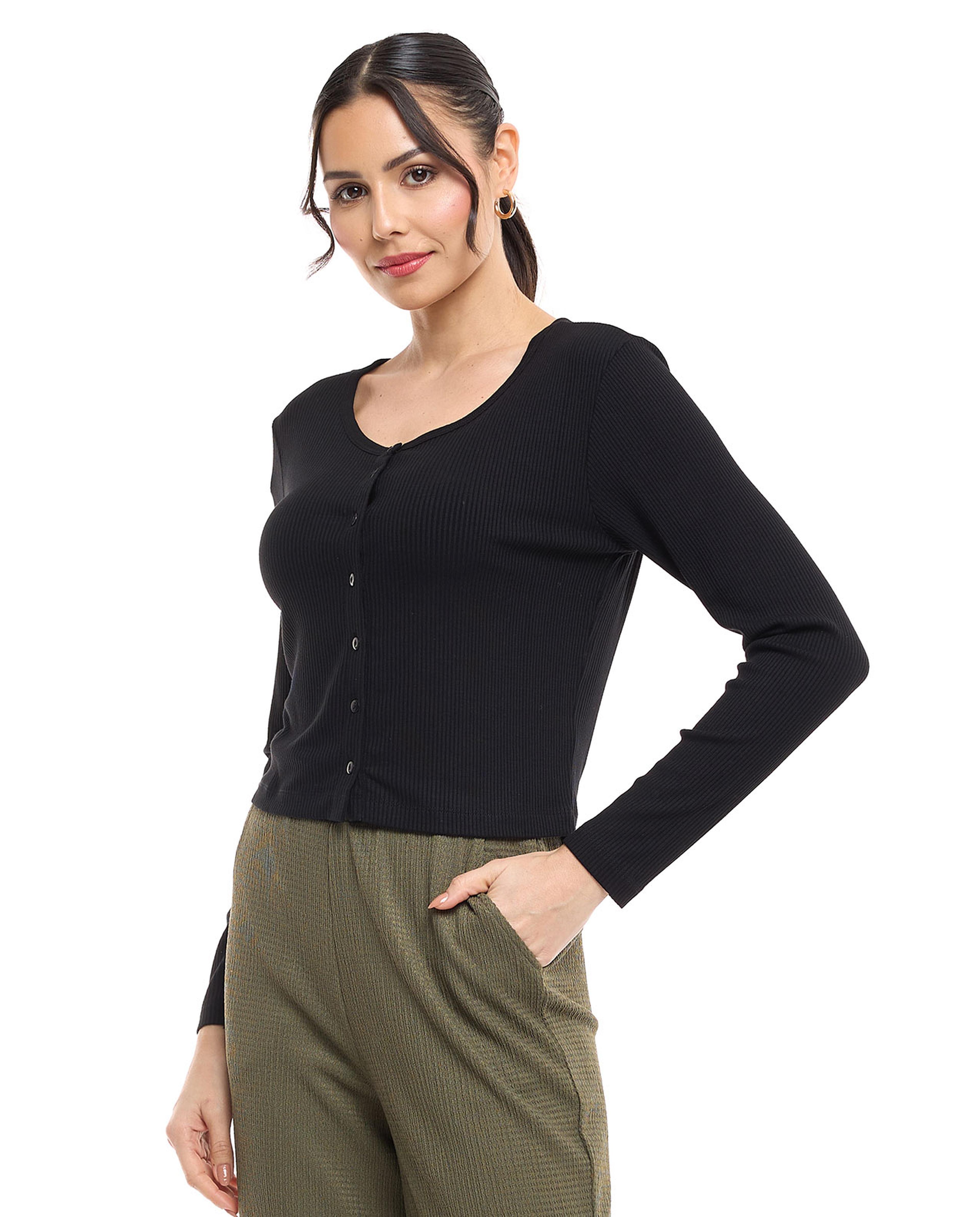 Ribbed Top with Round Neck and Long Sleeves