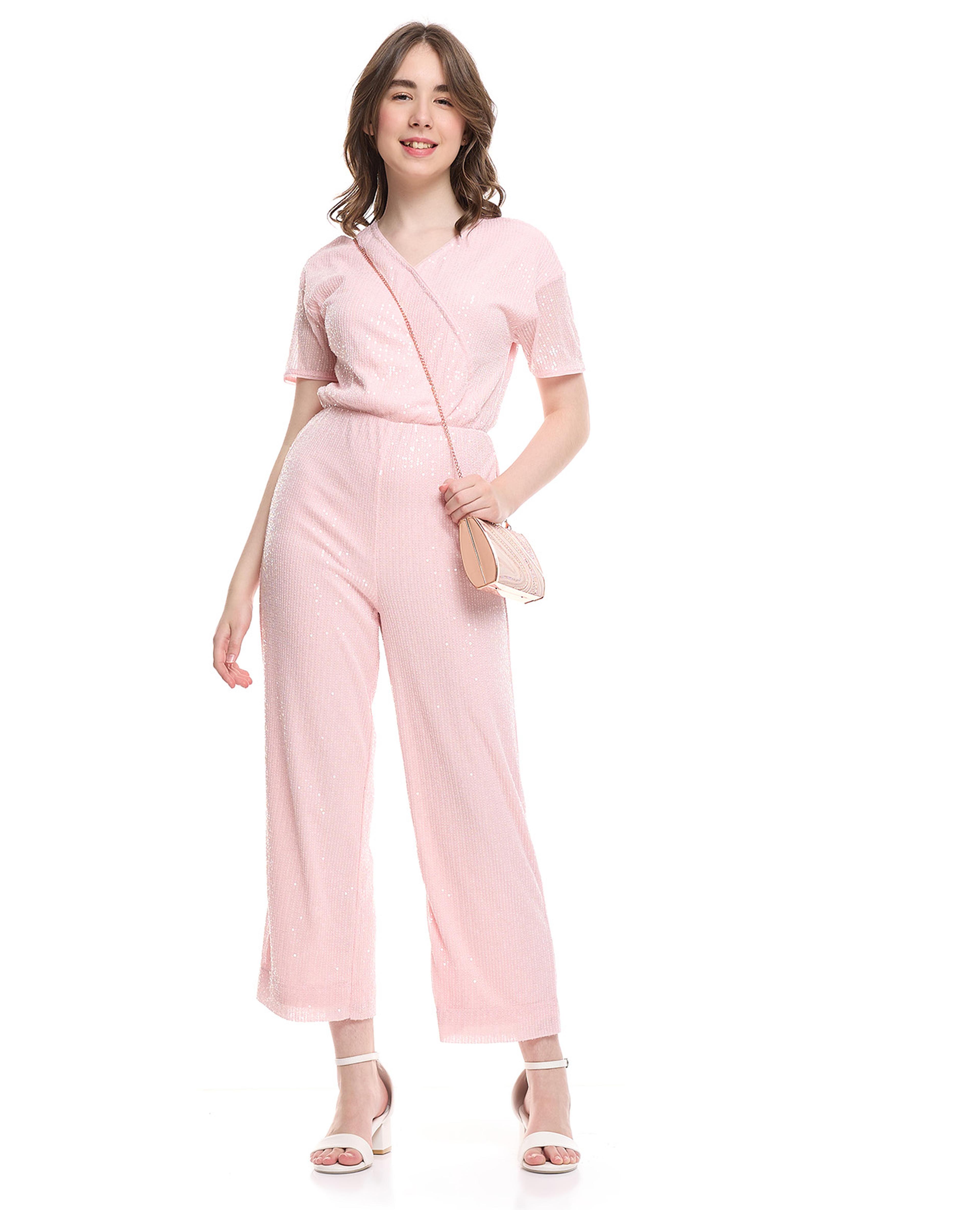 جمبسوت بياقة V وأكمام قصيرة 