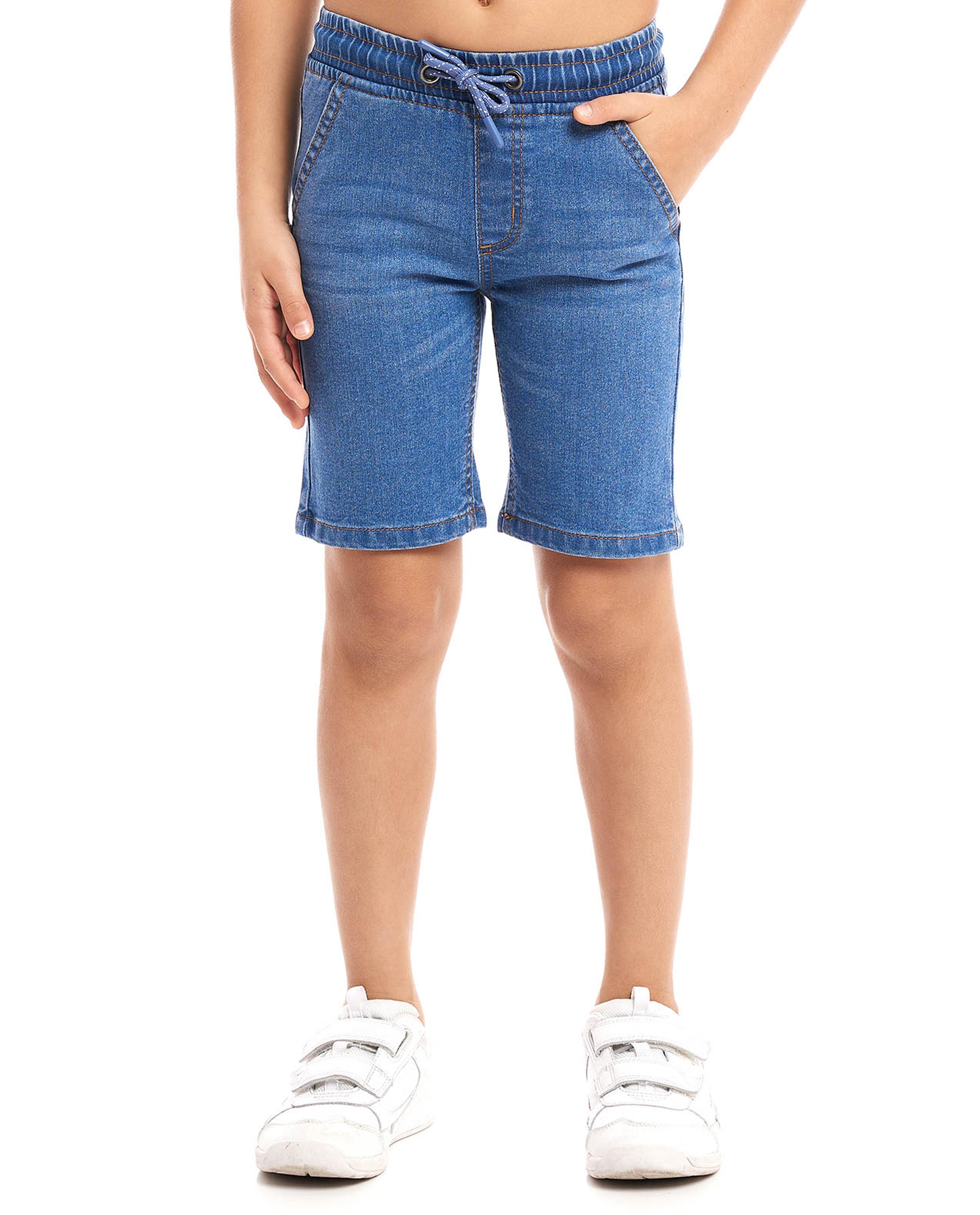 Faded Denim Shorts with Drawstring Waist