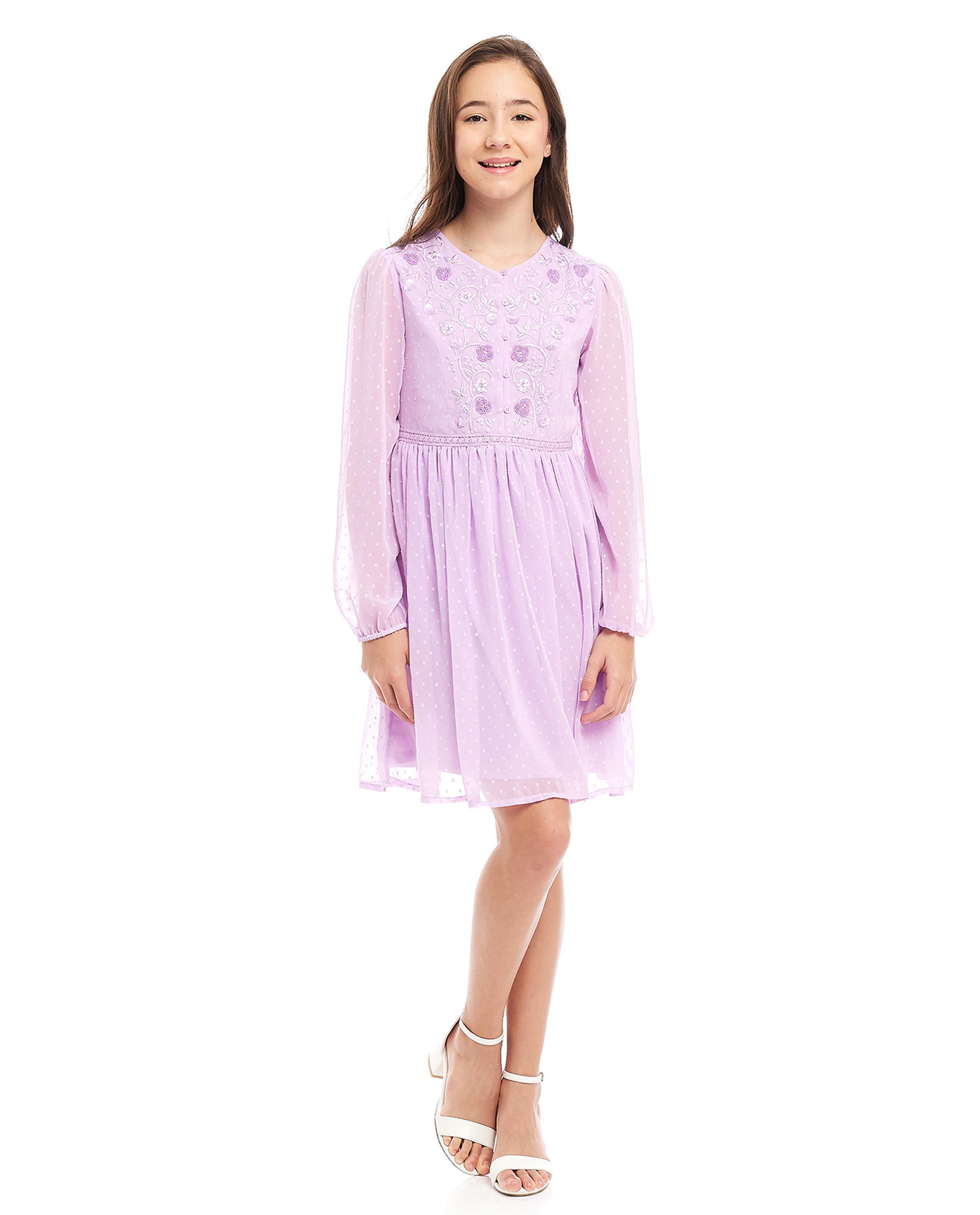 فستان مطرز بأكمام طويلة ورقبة مستديرة