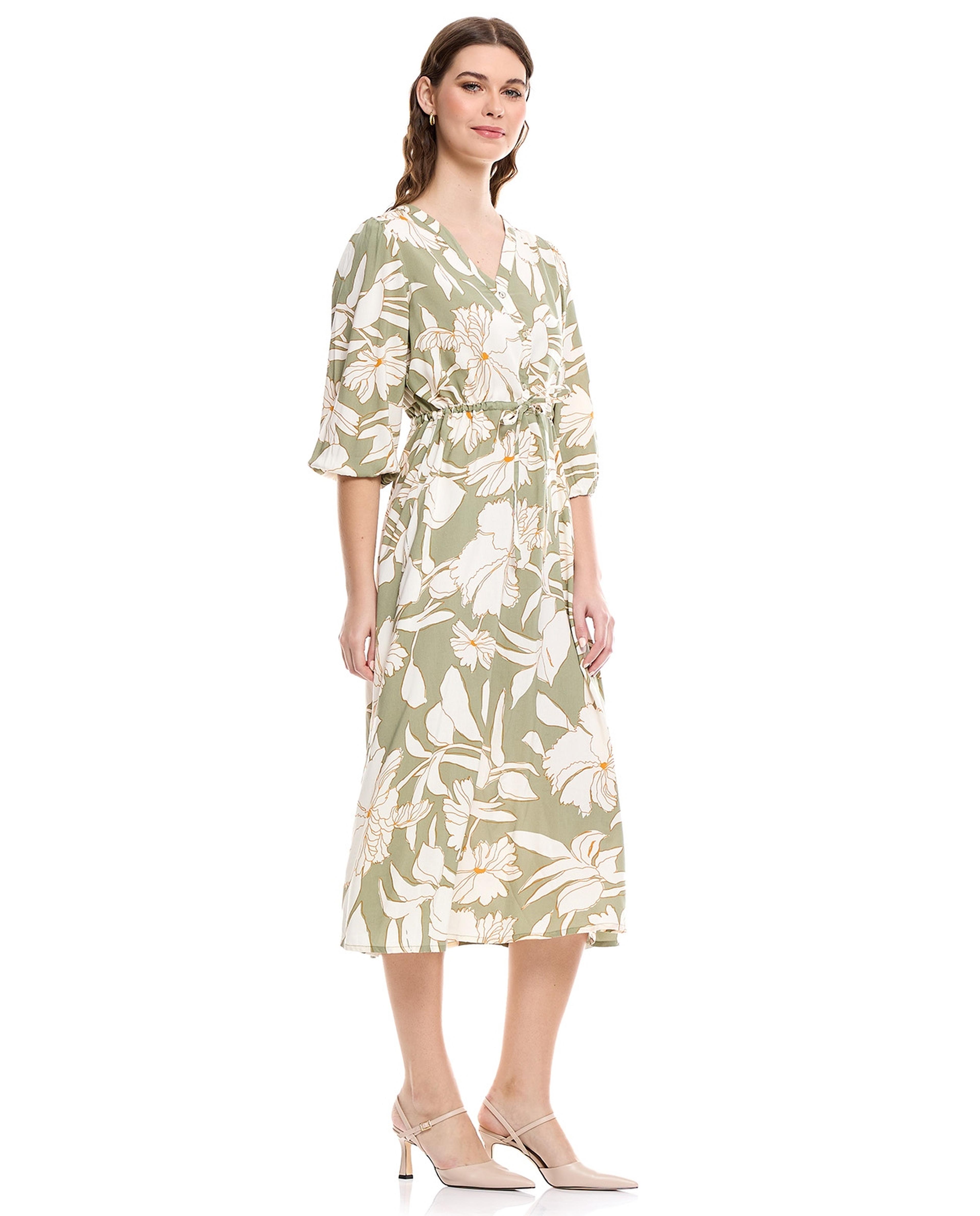 فستان ميدي بياقة V وأكمام باف بطبعات ورود