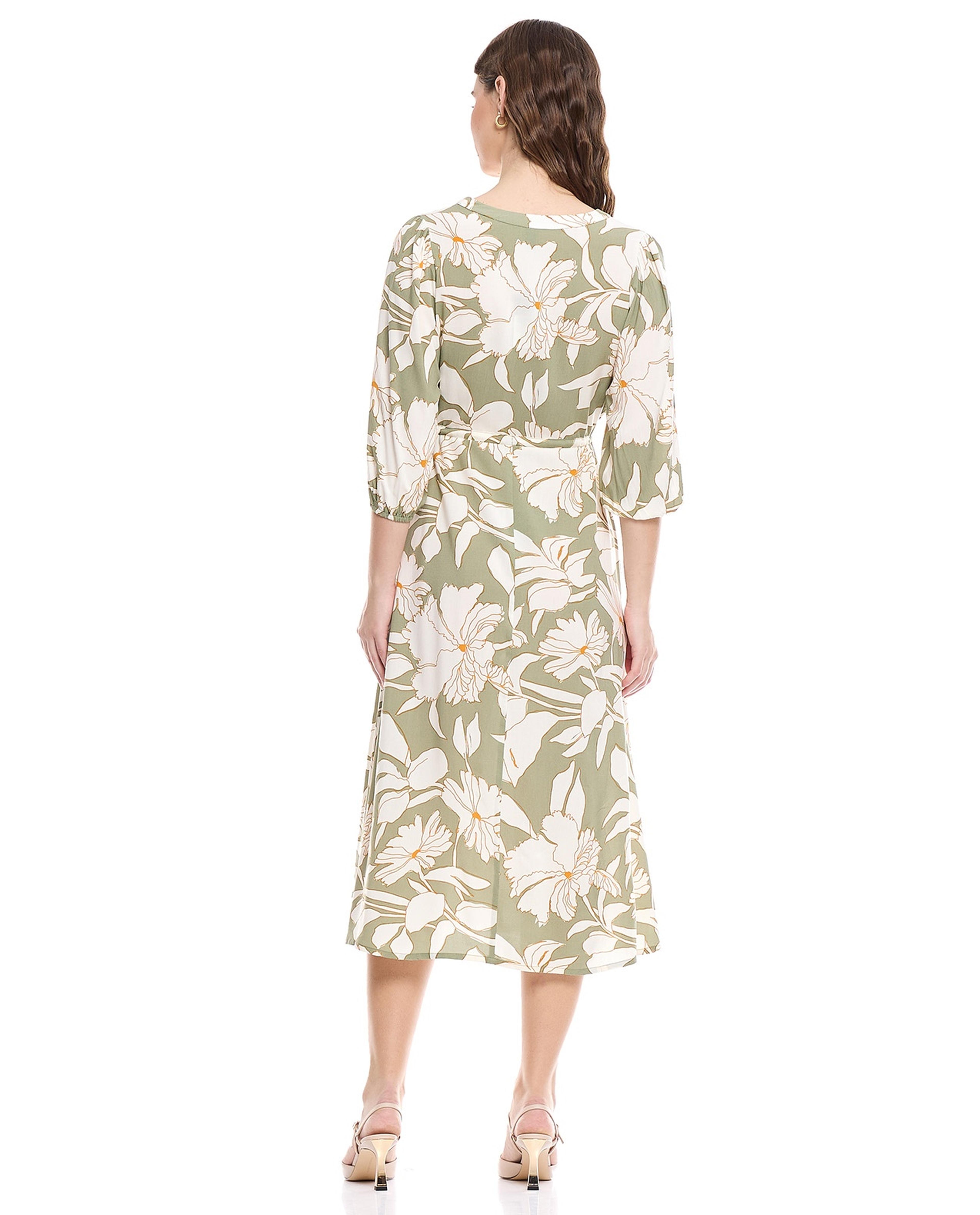 فستان ميدي بياقة V وأكمام باف بطبعات ورود