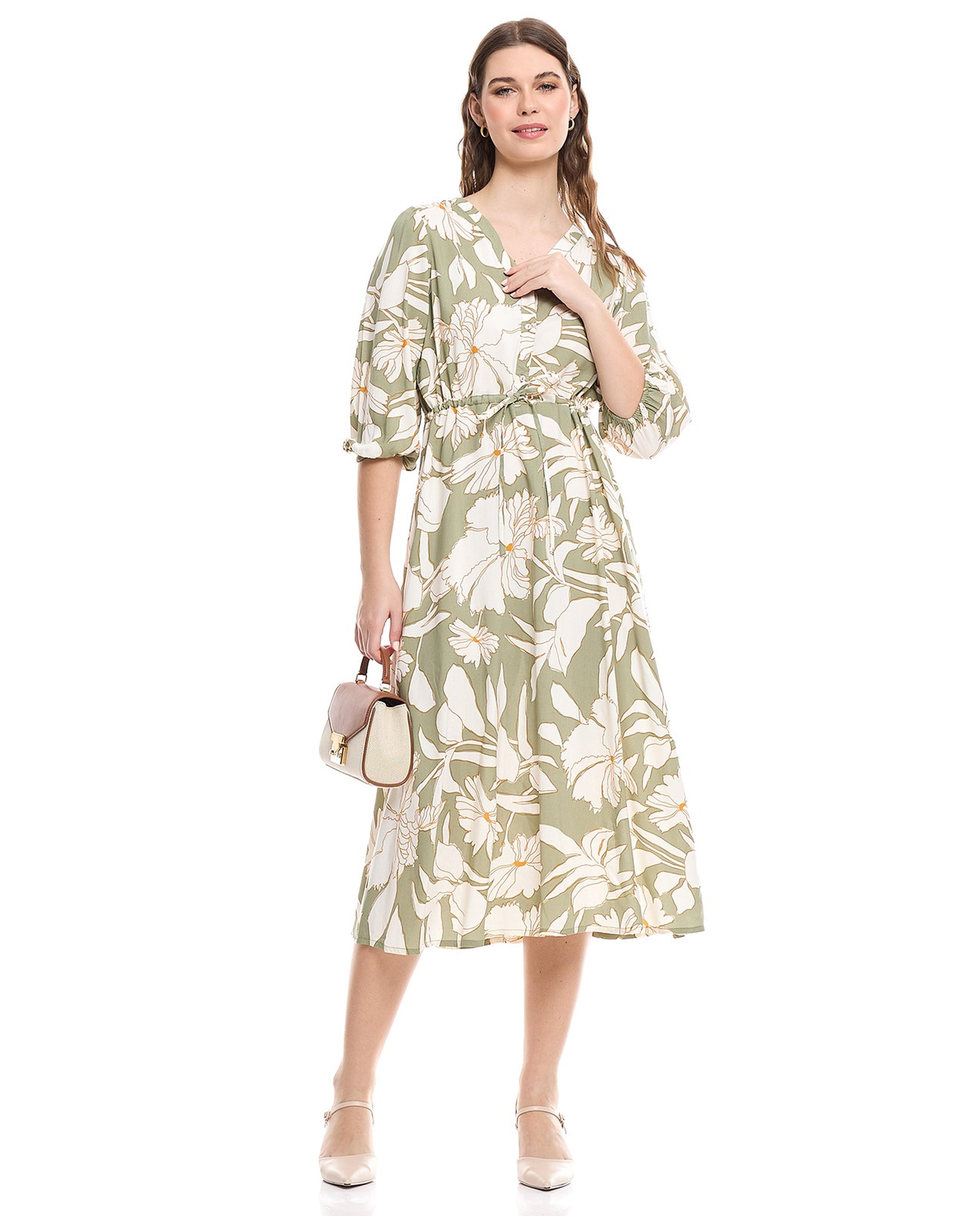 فستان ميدي بياقة V وأكمام باف بطبعات ورود