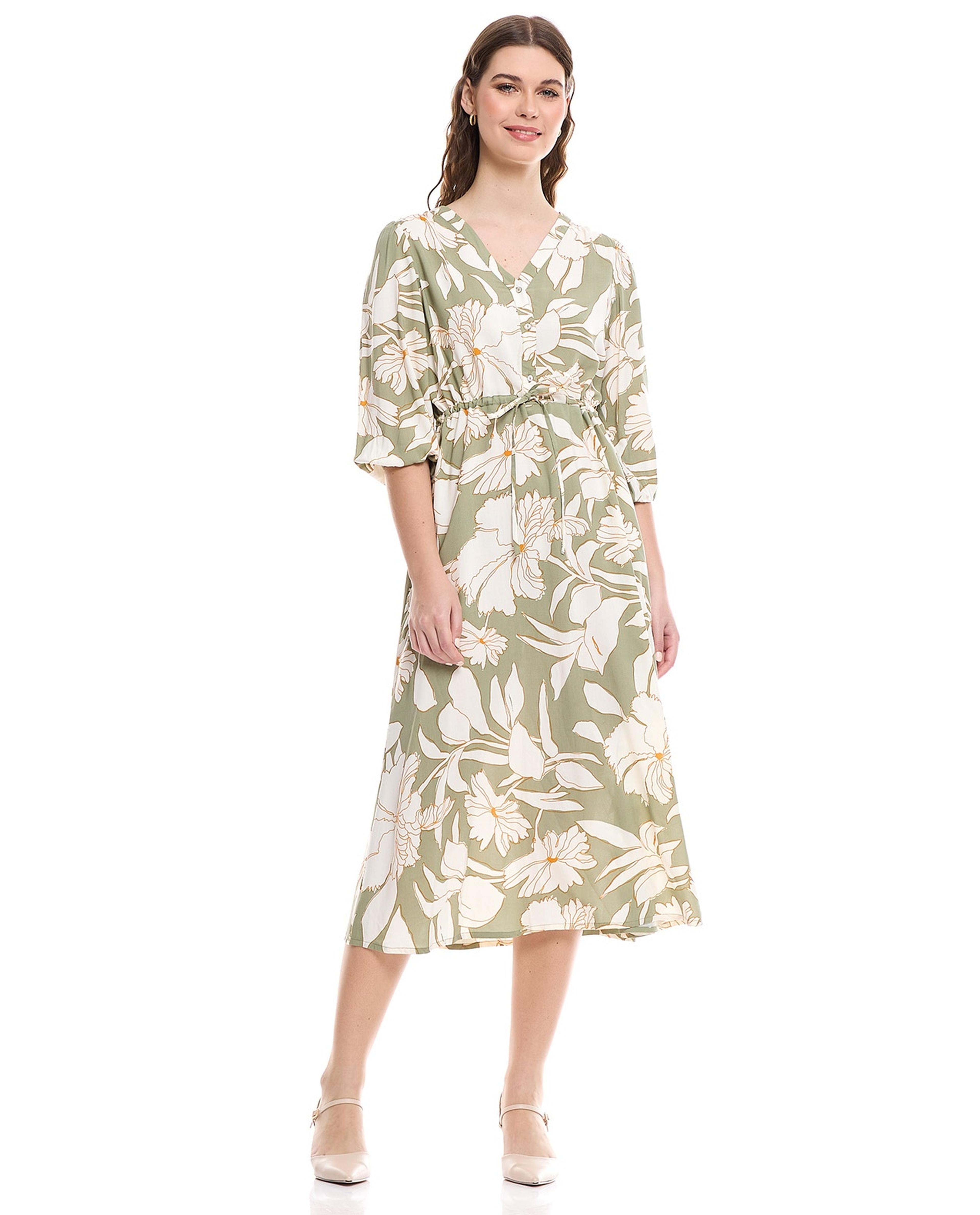 فستان ميدي بياقة V وأكمام باف بطبعات ورود