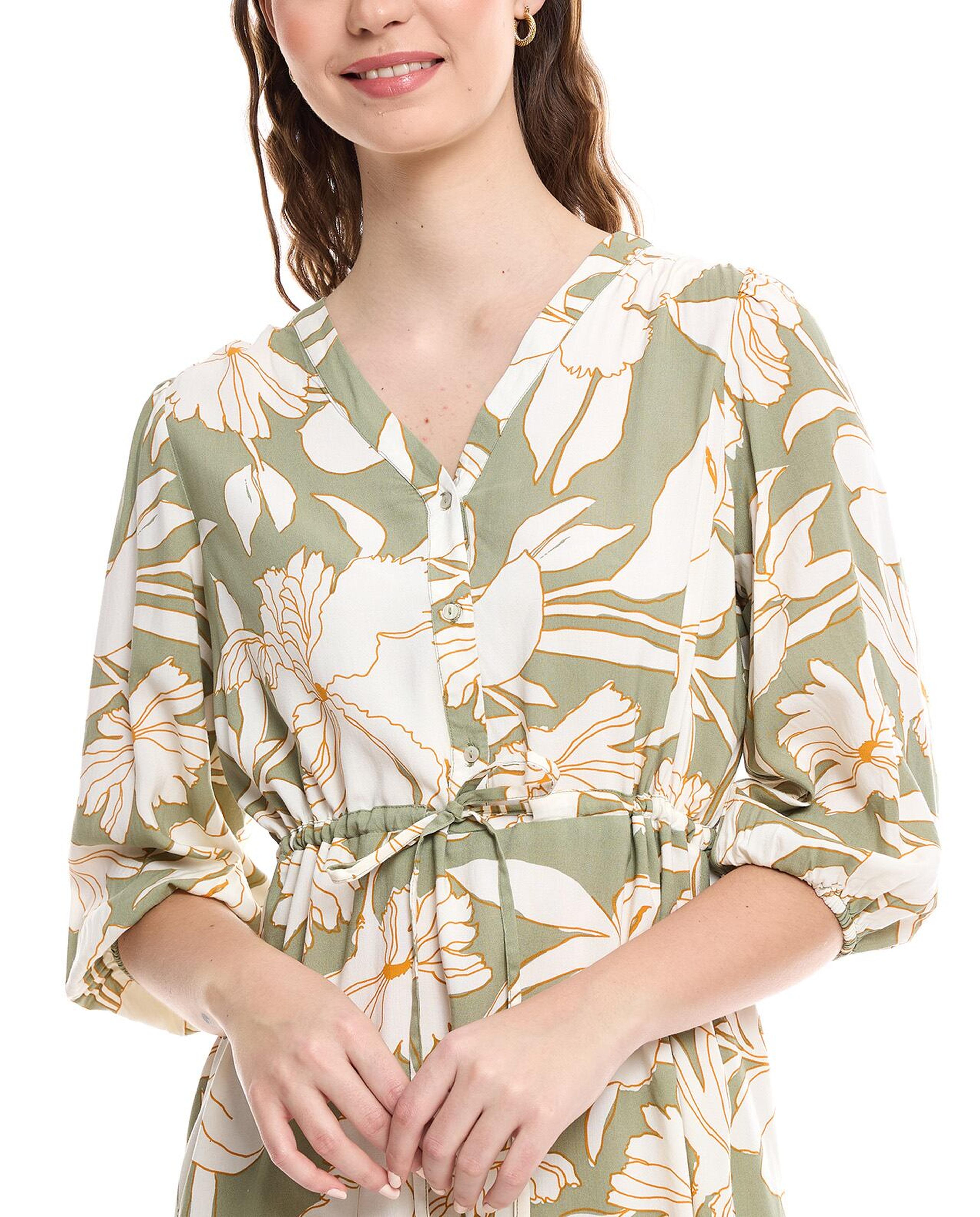 فستان ميدي بياقة V وأكمام باف بطبعات ورود