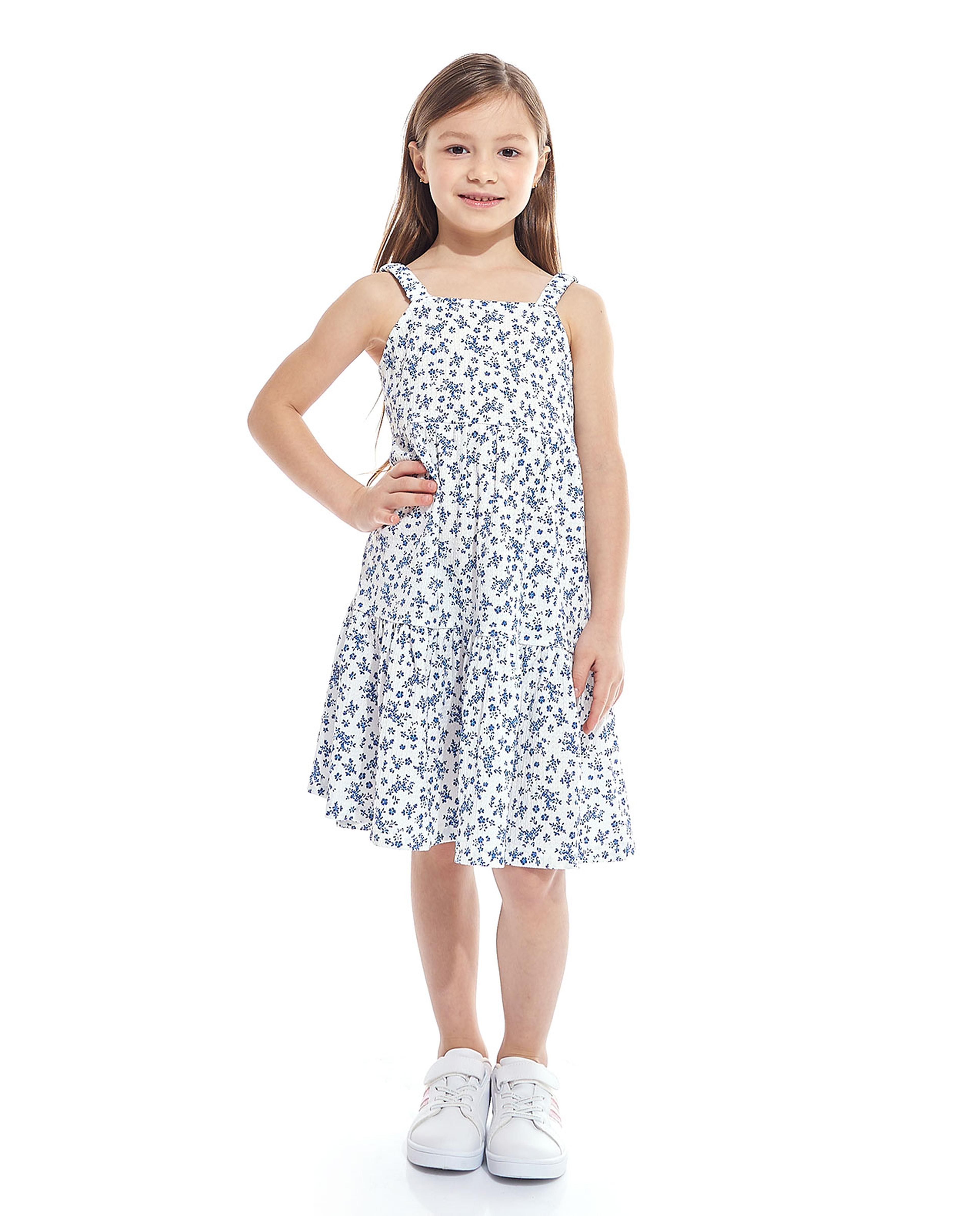 Floral Print Strappy Tiered Dress with Square Neck