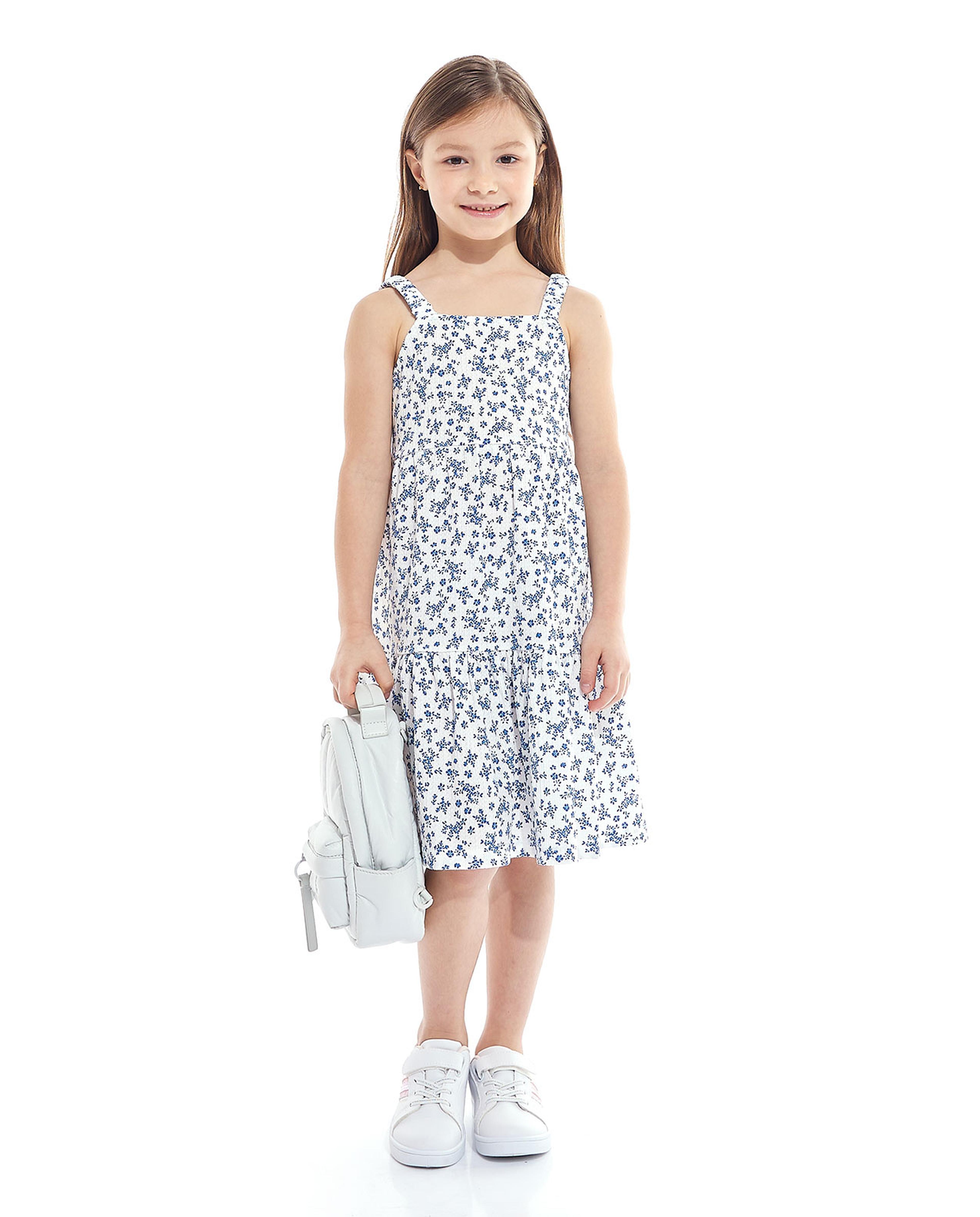 Floral Print Strappy Tiered Dress with Square Neck