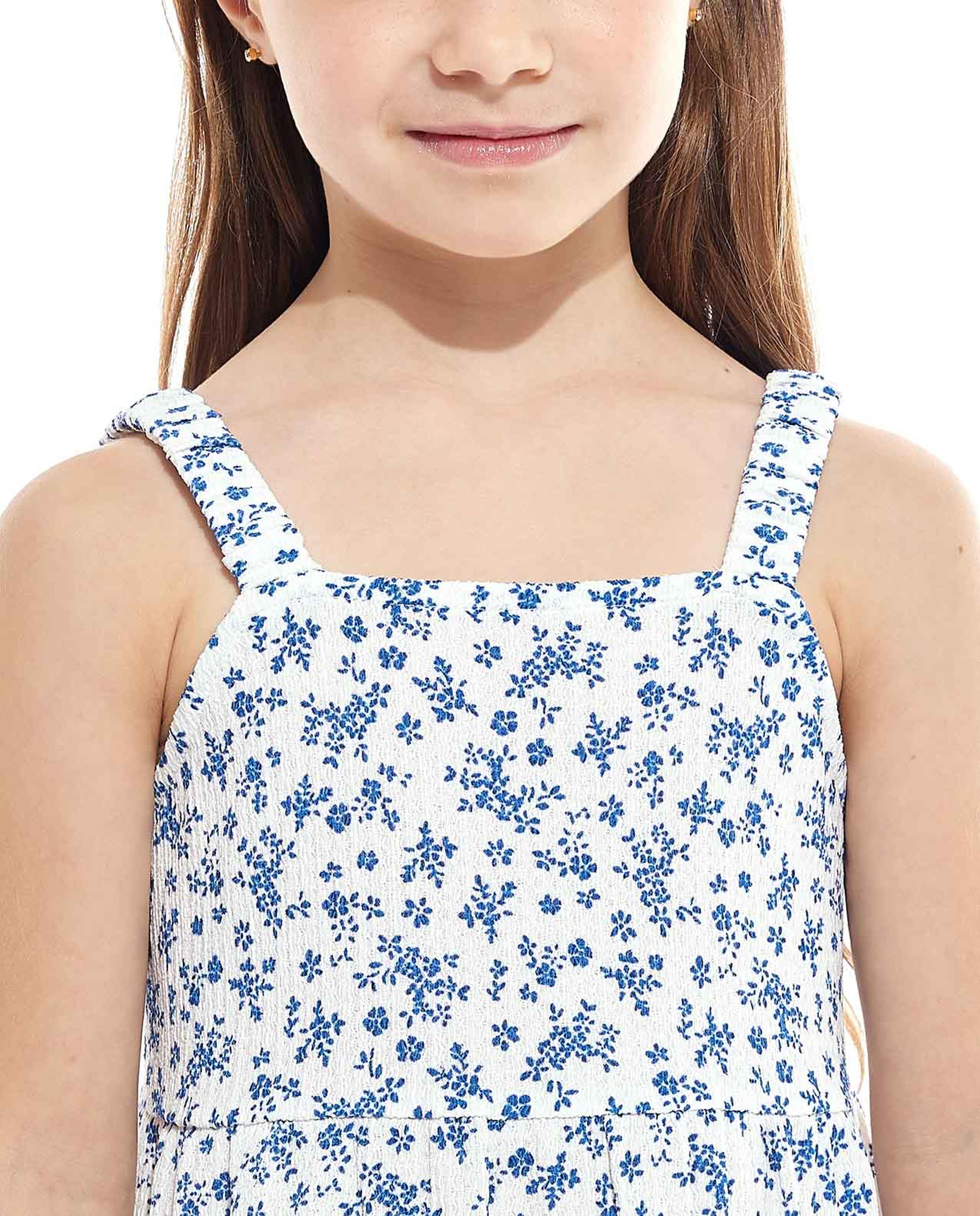 Floral Print Strappy Tiered Dress with Square Neck