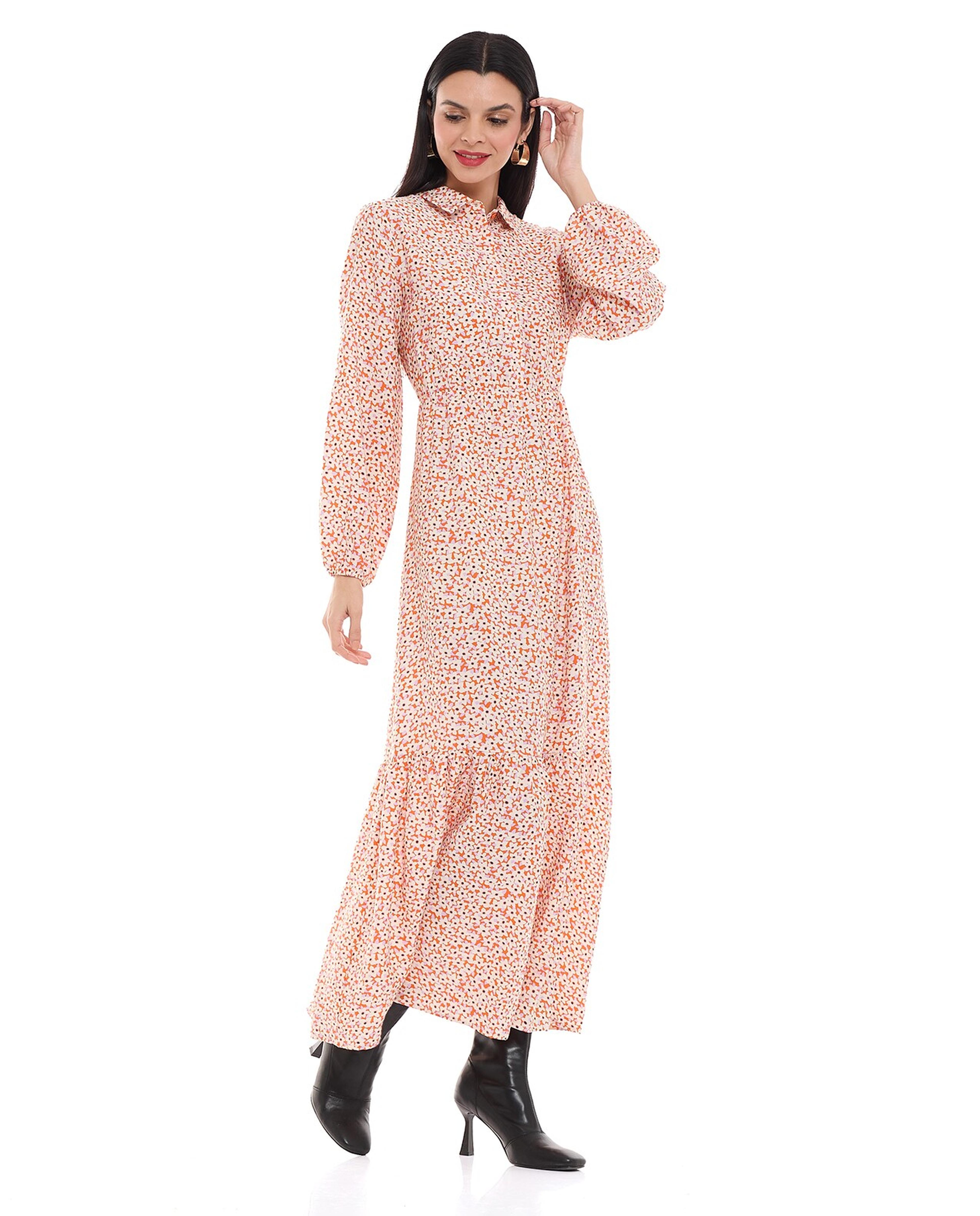Floral Patterned Maxi Dress with Classic Collar and Long Sleeves