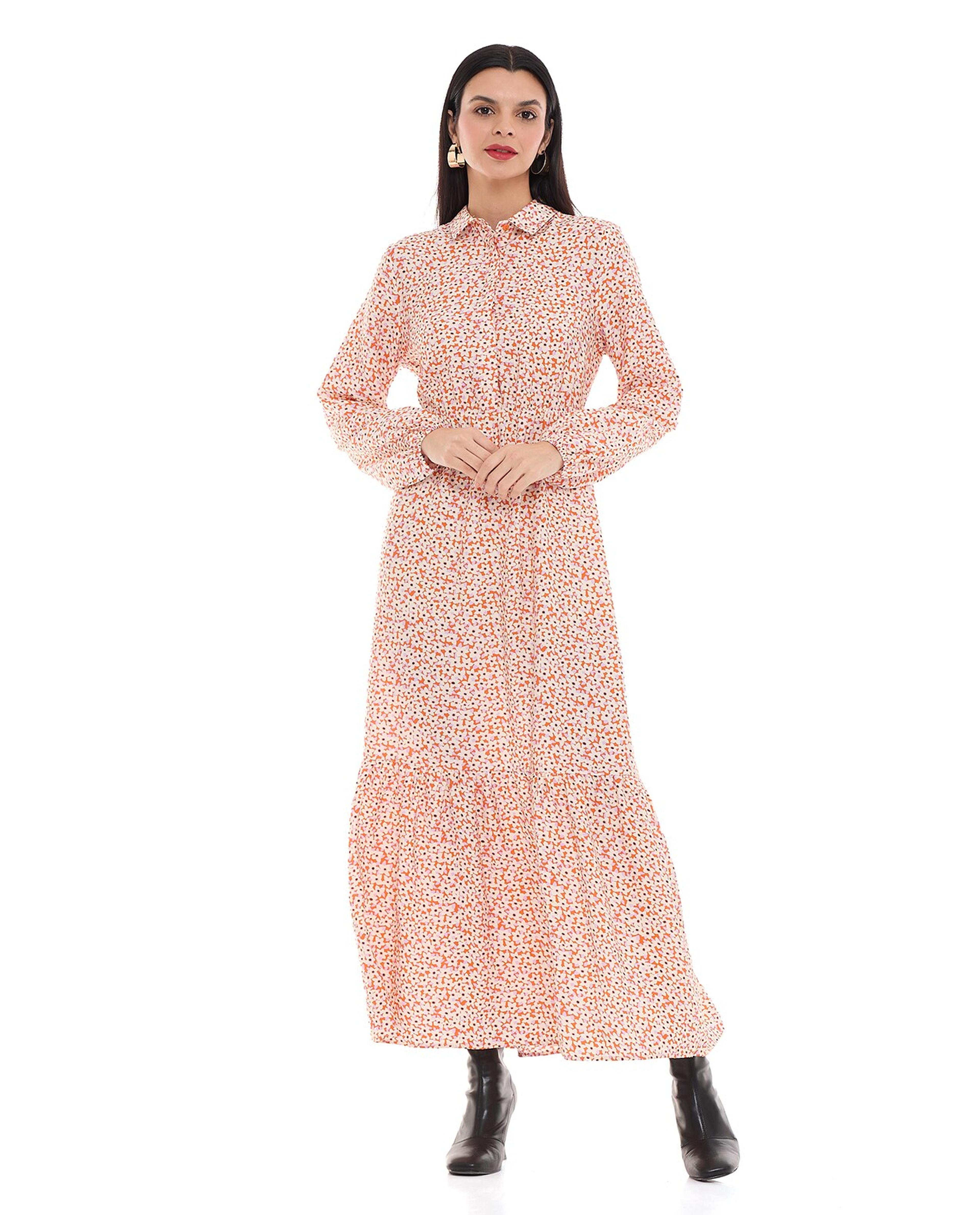 Floral Patterned Maxi Dress with Classic Collar and Long Sleeves