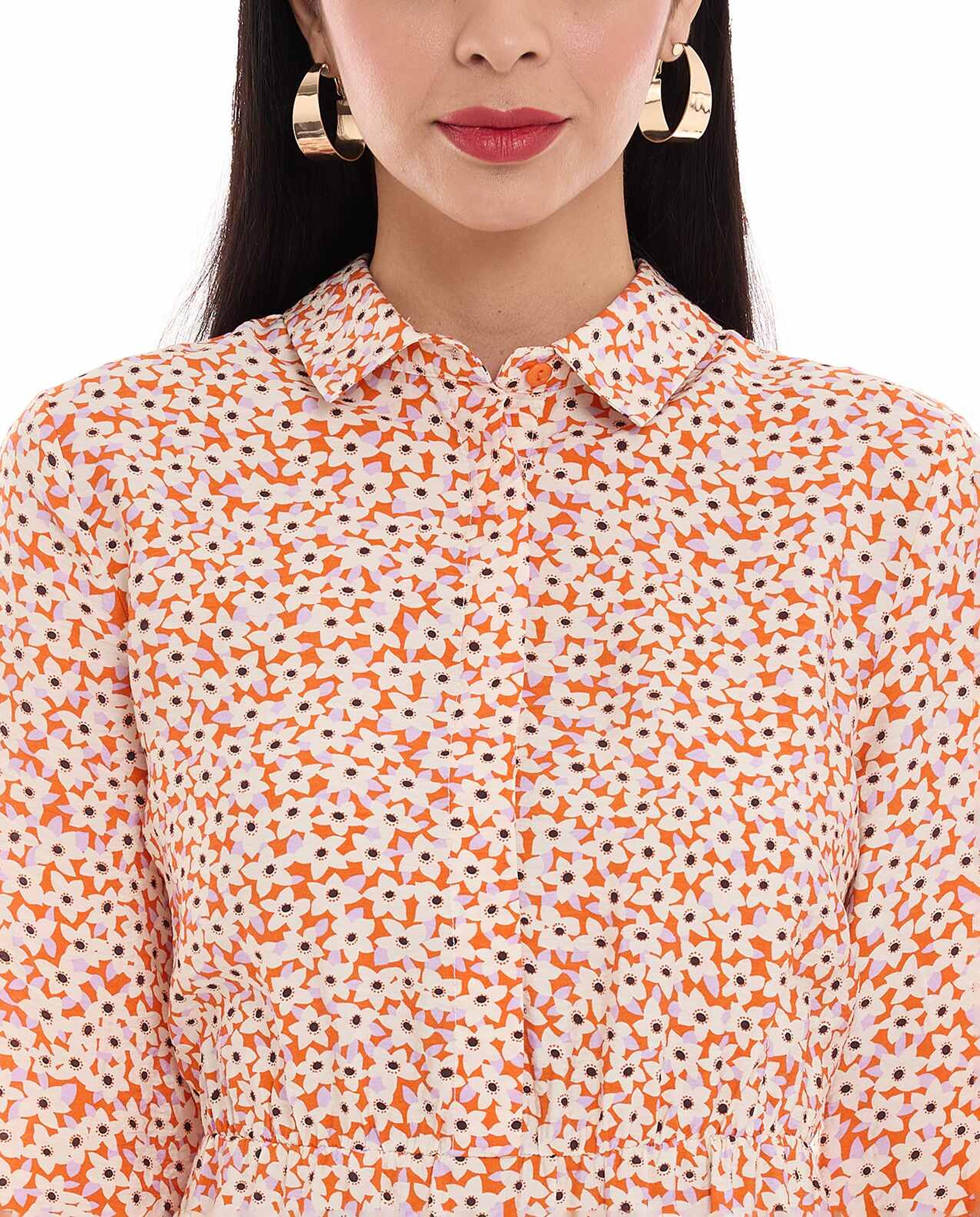 Floral Patterned Maxi Dress with Classic Collar and Long Sleeves